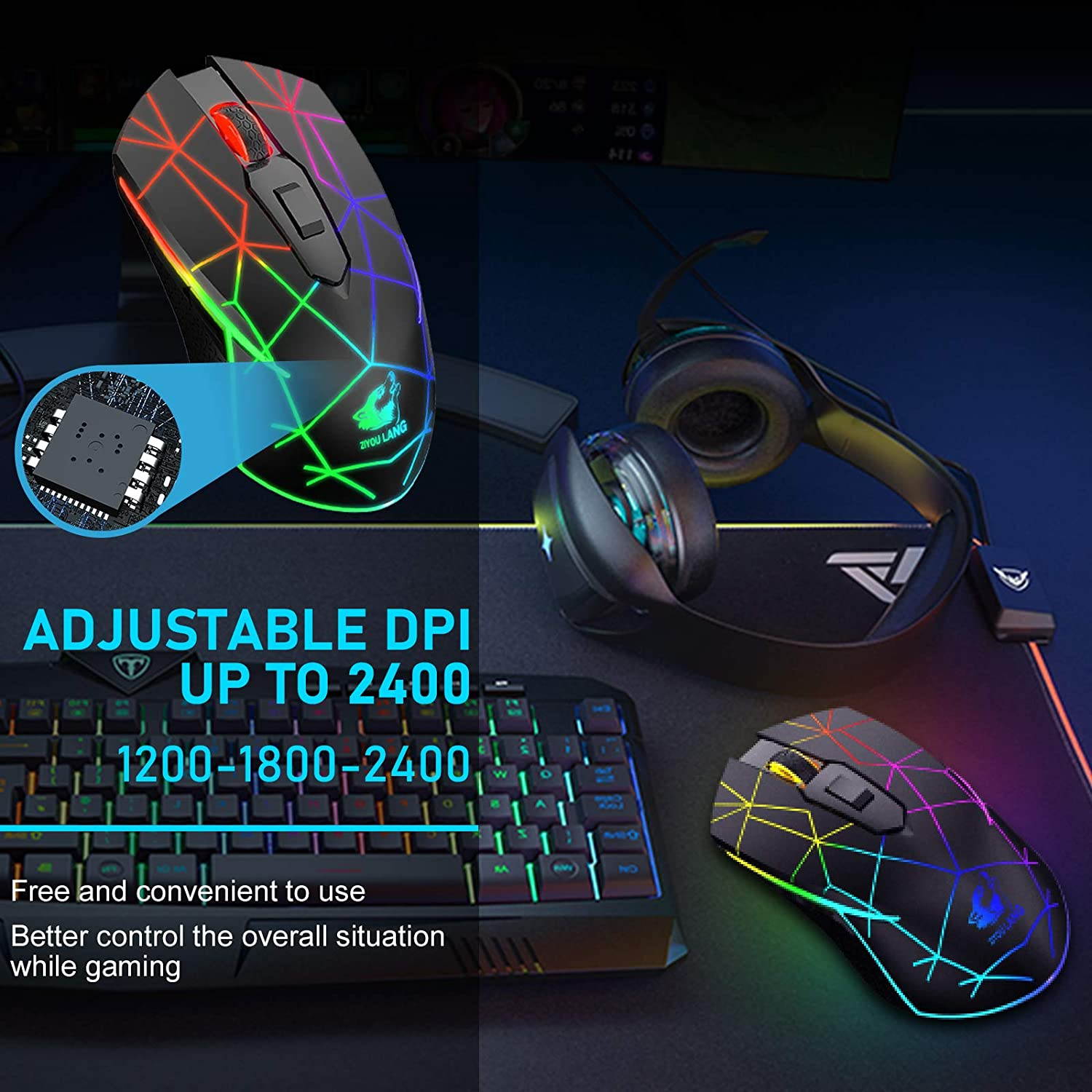 Wireless Gaming Mouse with 2.4Ghz USB Receiver Rainbow RGB Backlight Adjustable DPI Silent Click Rechargeable Ergonomic 6 Buttons Gaming Mouse for Computer Laptop PC Mac Gamer Office Use