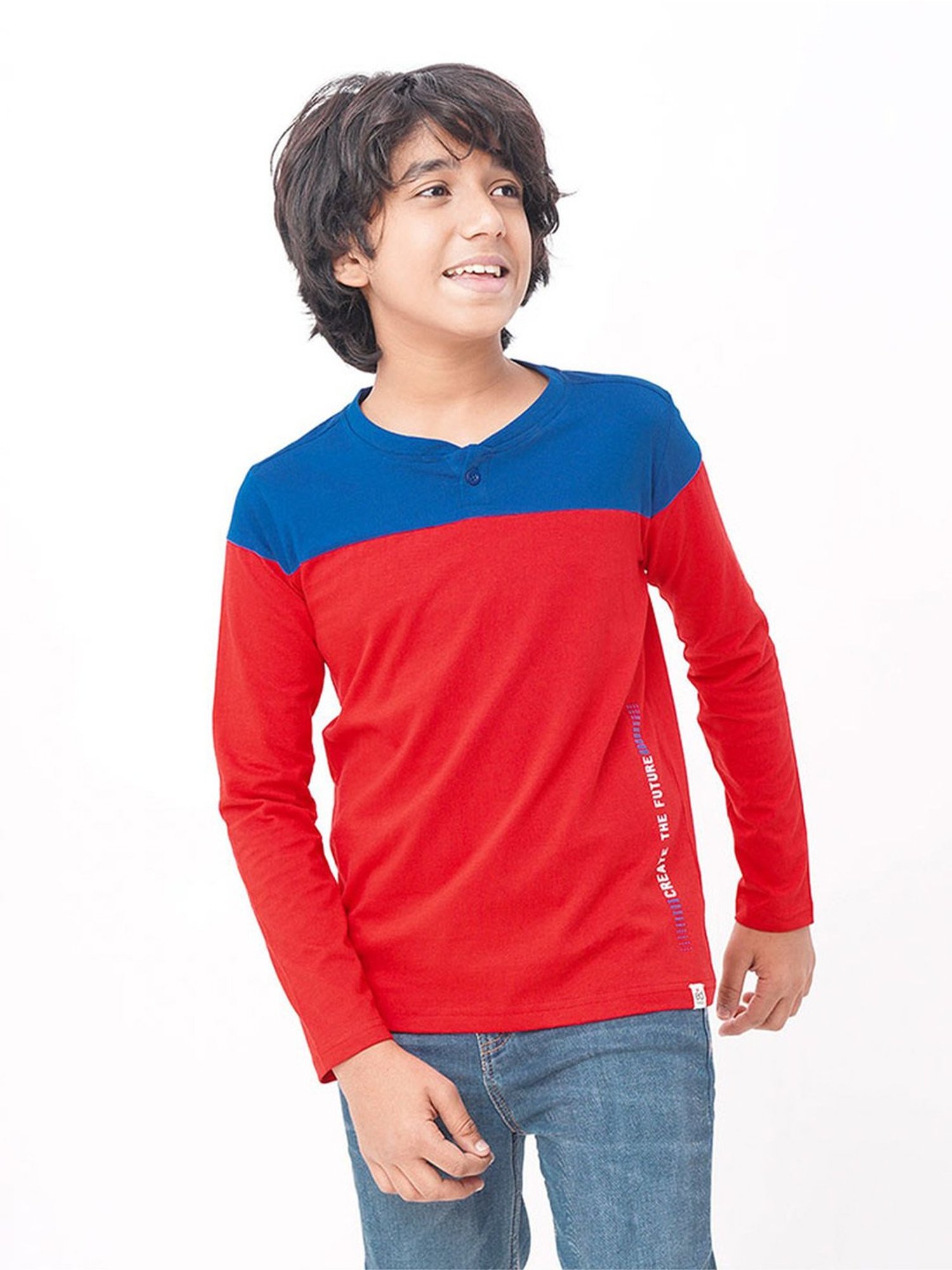 Edheads Kids Red & Blue Cotton Color Block Full Sleeves T-Shirt