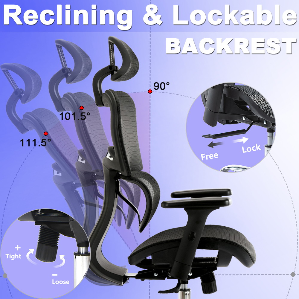 High Back Ergonomic Office Chair - Adjustable Headrest Mesh Task Chair Reclined and Lockable Executive Chair with Lumbar Support Comfortable Swivel Computer Chair with Armrest - Black