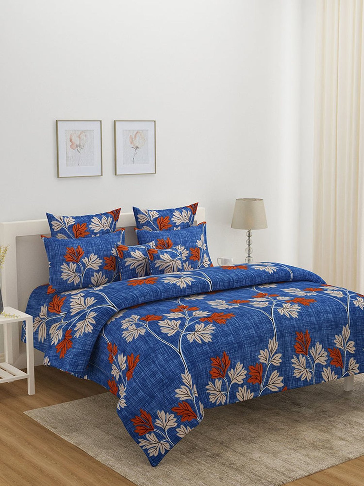 @home Utopia Cosmos Floral Blue 110 GSM Cotton Blend Double Bed Sheet with 2 Pillow Covers