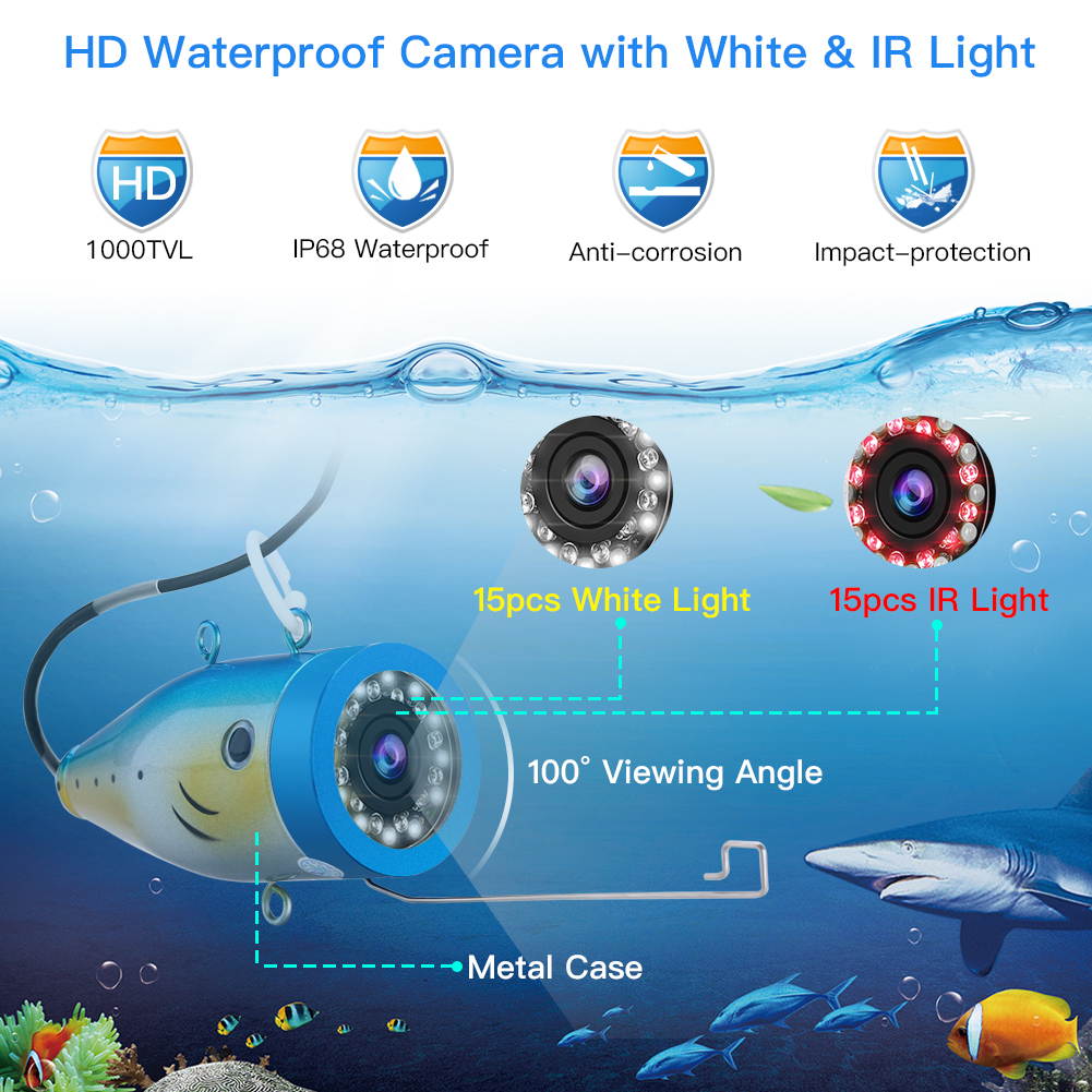 30M 7" Underwater Fishing Video Camera Fish Finder 1000TVL White Infrared LED