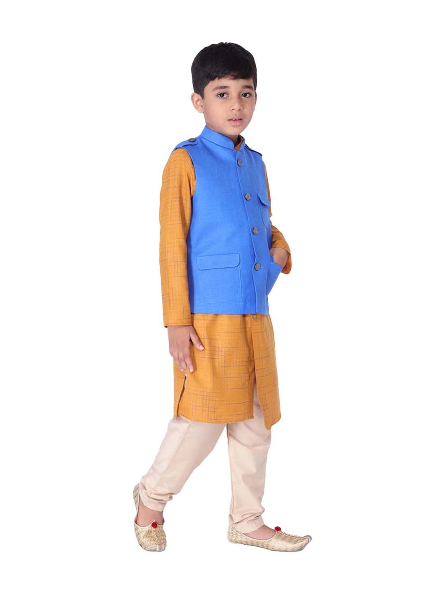 TABARD Kids Yellow & Blue Cotton Regular Fit Kurta Set