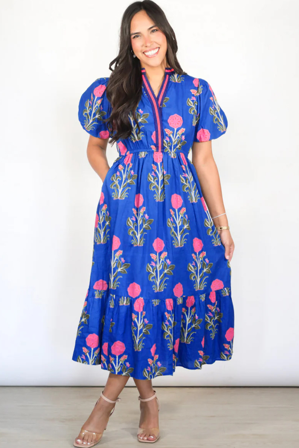Multicolour Floral Print Split Neck Midi Dress
