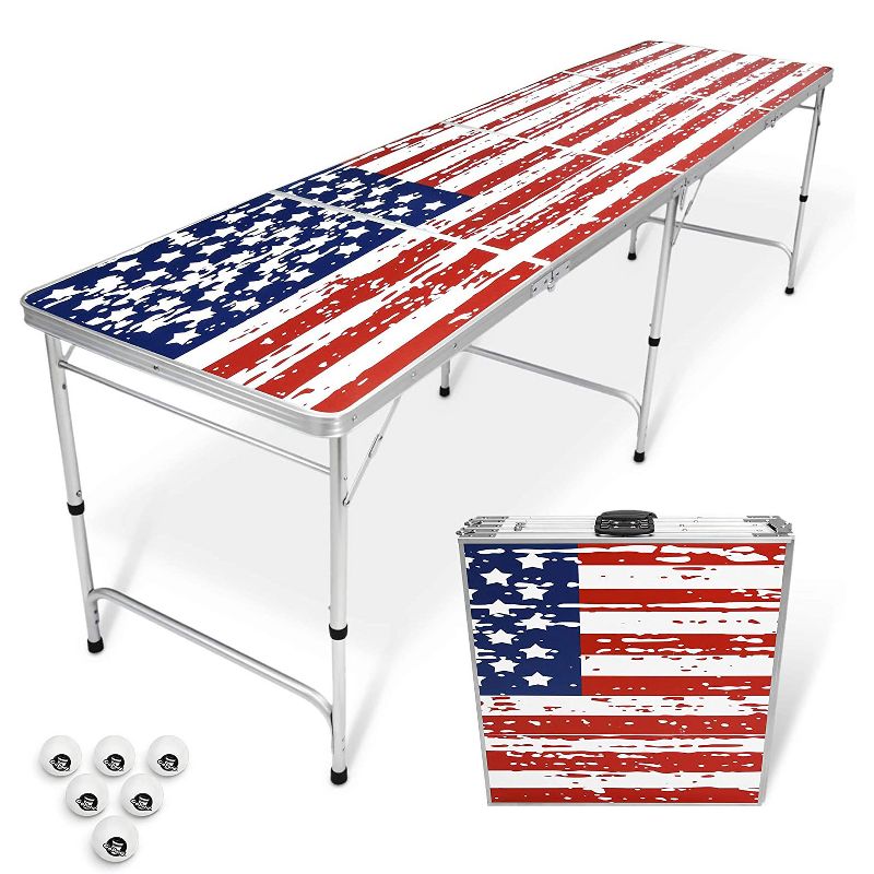 GoPong GP-8-America 8 Foot Portable Folding Aluminum Pong Tailgate Drinking Party Game Table with 6 Balls, American Flag
