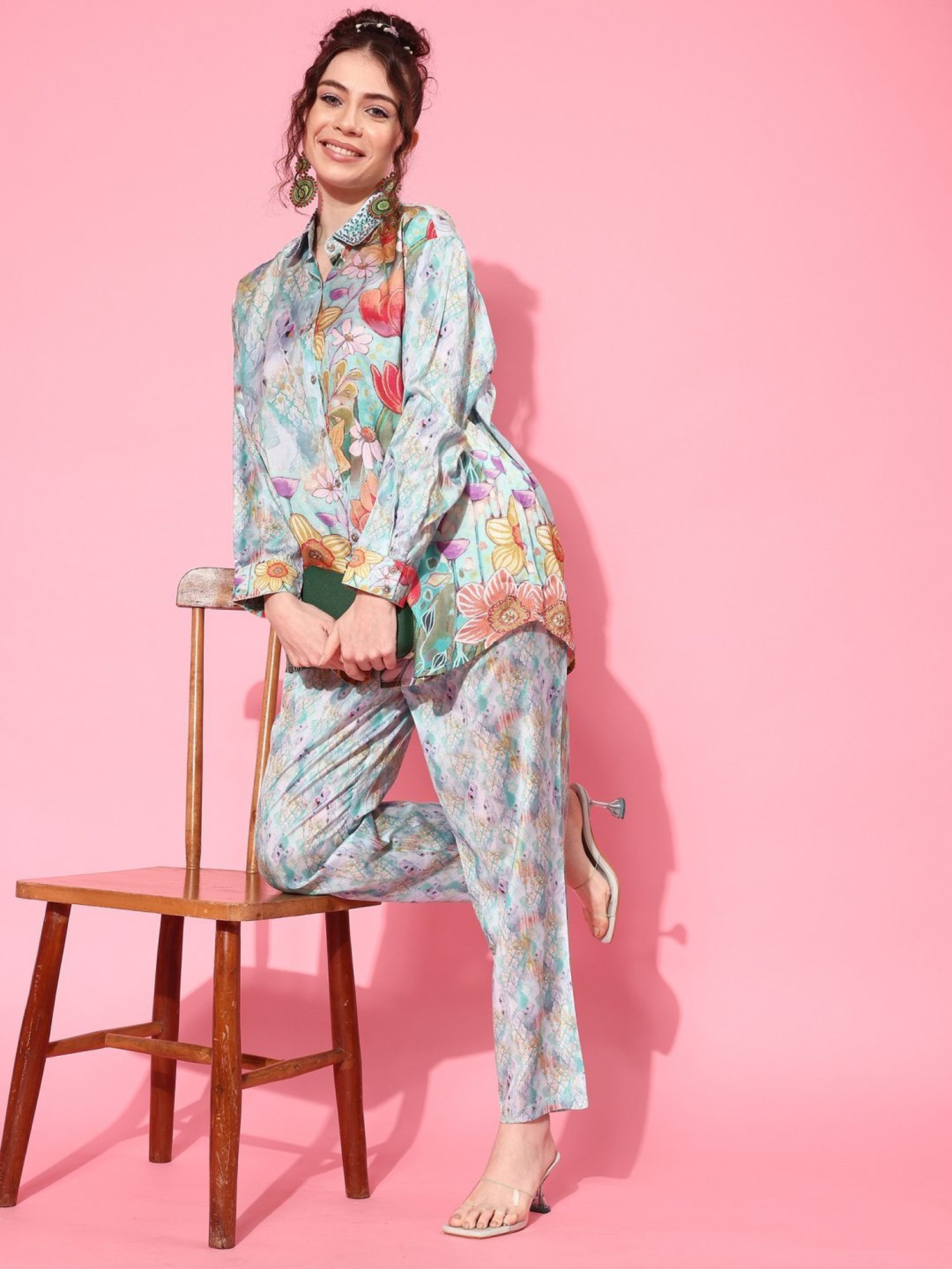 Indo Era Multicolored Floral Print Shirt Pant Set