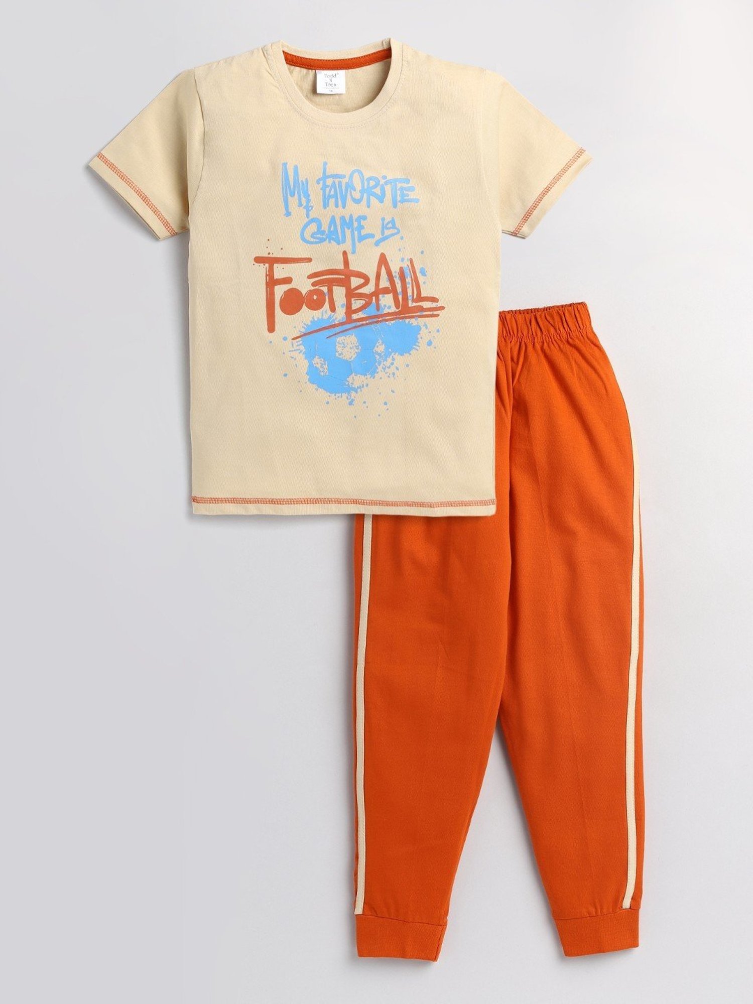 Todd N Teen Kids Printed Beige & Orange T-Shirt with Joggers