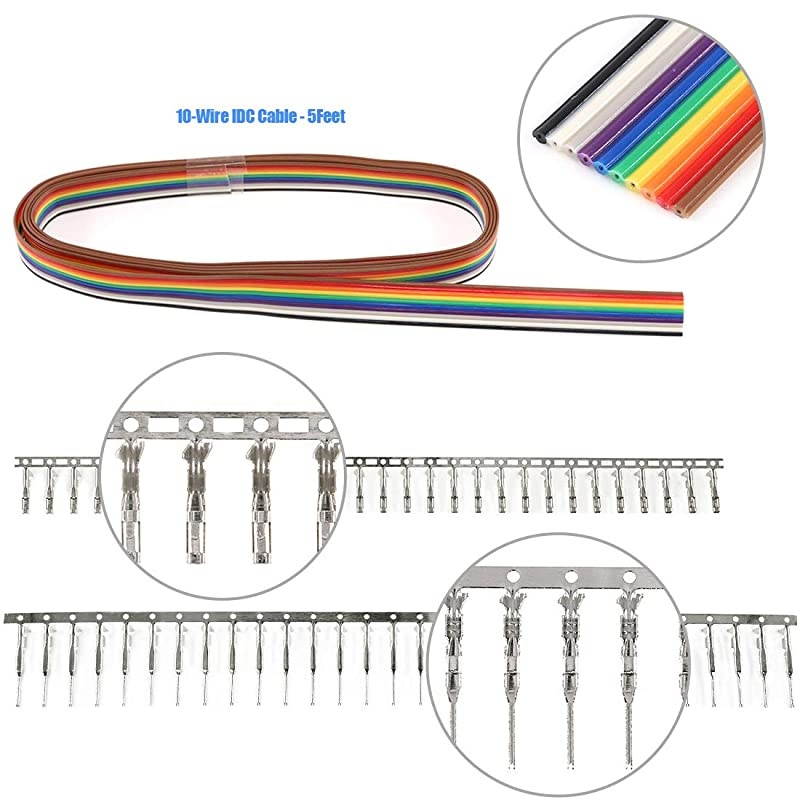 1191Pcs 254mm Pitch 1 2 3 4 5 6 7 8 9 10 Pin Housing Connector and Male Female Crimp Pins with Pin Header and 10 Wire Rainbow Color Flat Ribbon IDC Cable Compatible with Dupont Connector Kit
