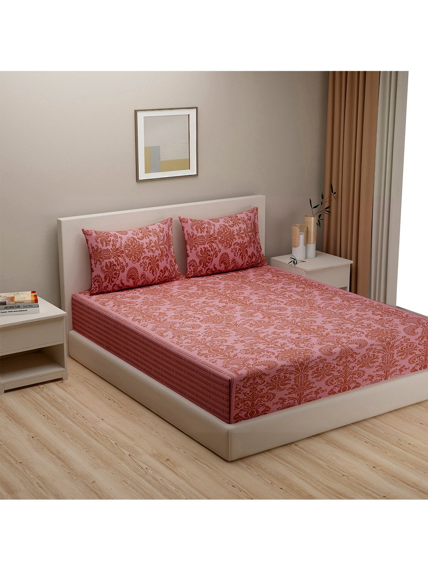 Swayam Vedic Motif Red & Pink 180 TC Cotton King Bedsheet with 2 Pillow covers