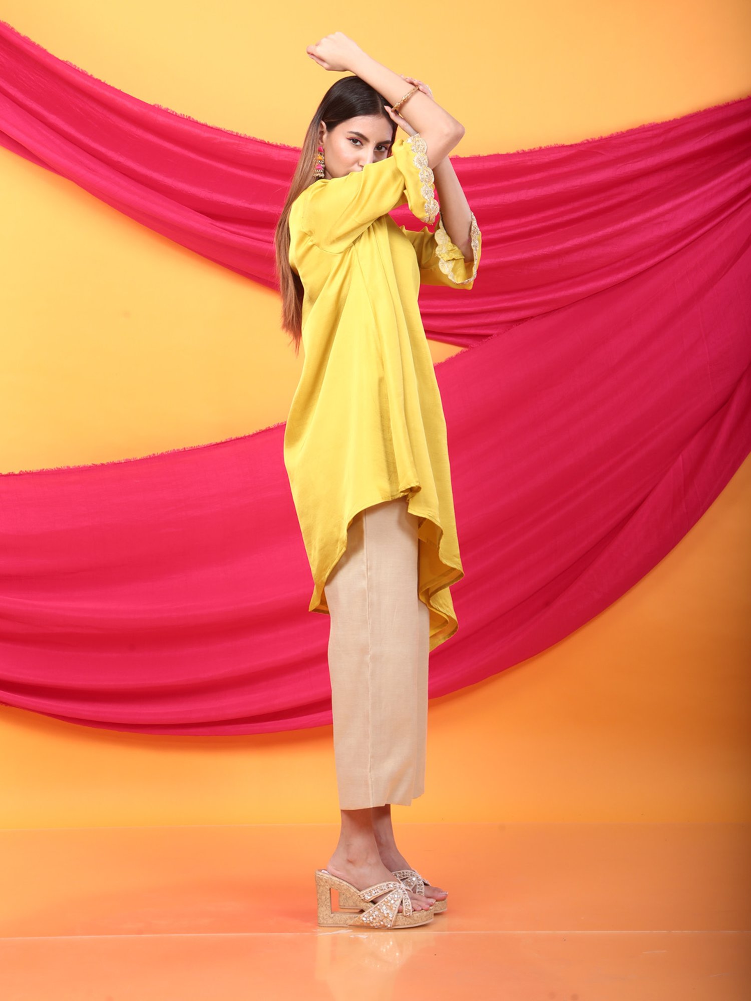 Monk & Mei Nusrat Assymetrical Kurta and Pant Co-ord Set-Canary Yellow and gold