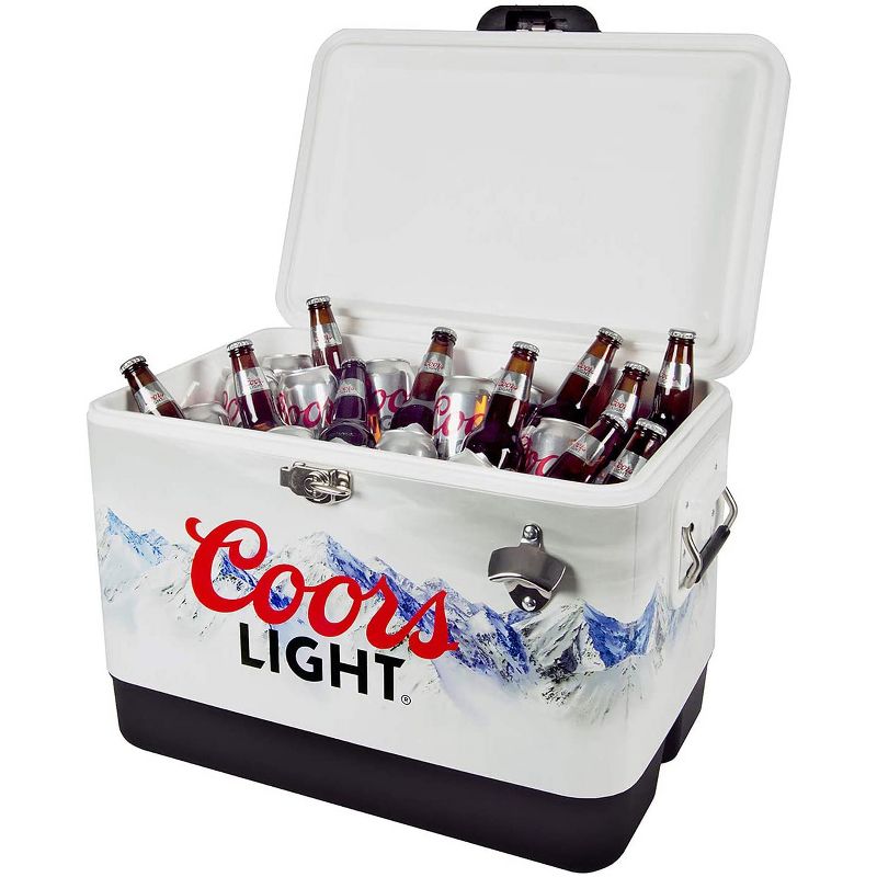 Koolatron Large 54 Quart 85 Can Capacity Portable Retro Coors Light Ice Chest Stainless Steel Hard Cooler with Built In Bottle Opener, White