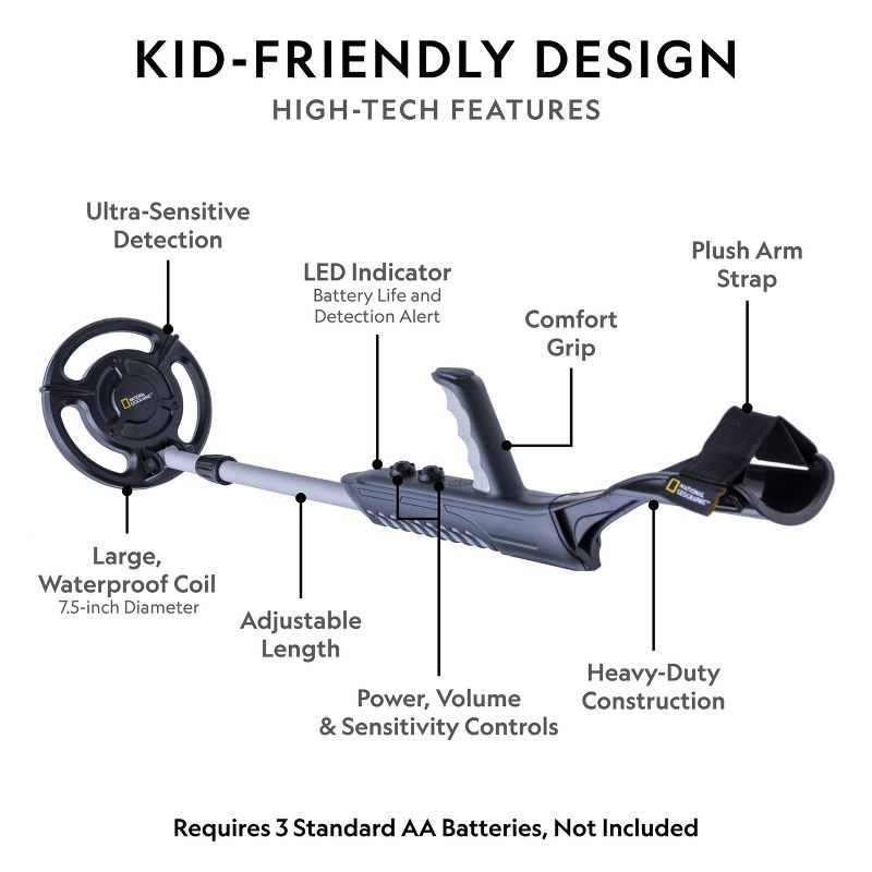 NATIONAL GEOGRAPHIC Junior Metal Detector for Kids, 7.5" Waterproof Dual Coil, Adjustable, Lightweight, Rugged Sand Trowel, Great for Beginners