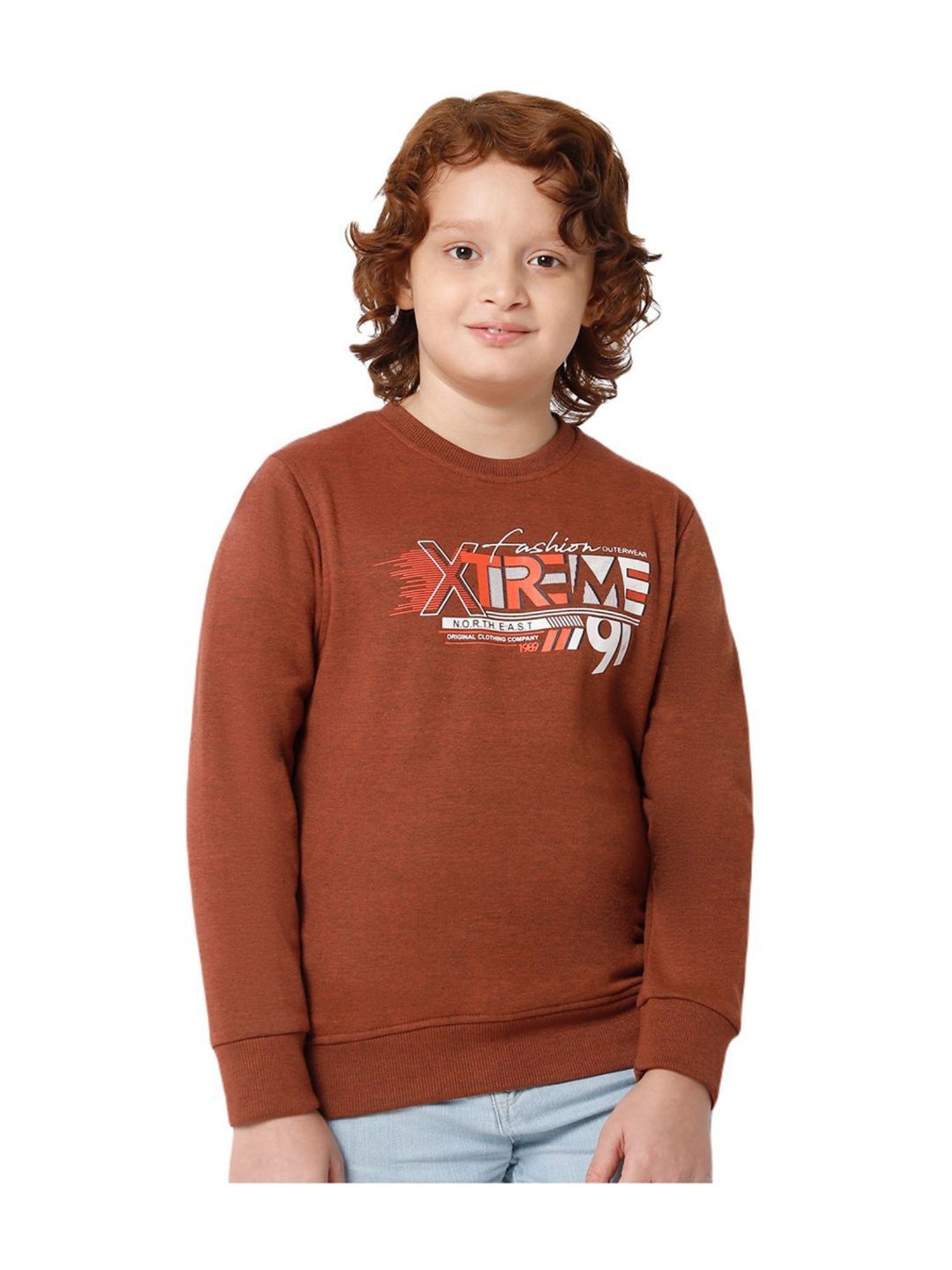 Proteens Kids Melange Brown Cotton Printed Full Sleeves Sweatshirt