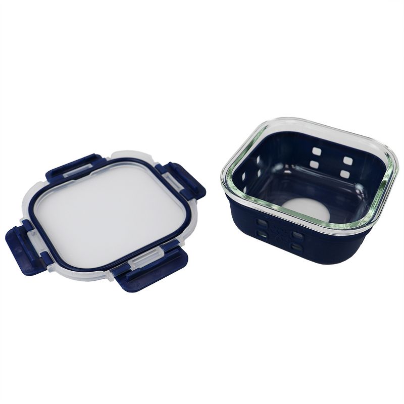 Michael Graves Design Square 17 Ounce High Borosilicate Glass Food Storage Container with Plastic Lid, Indigo
