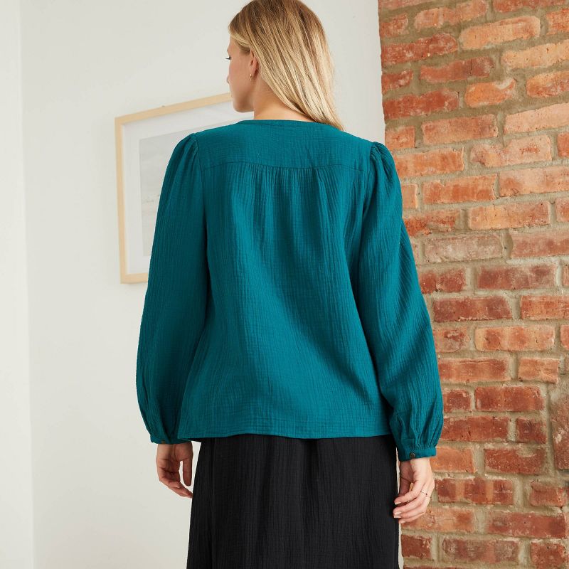 Women's Puff Long Sleeve Button-Front Blouse - Universal Thread™ Teal XXL
