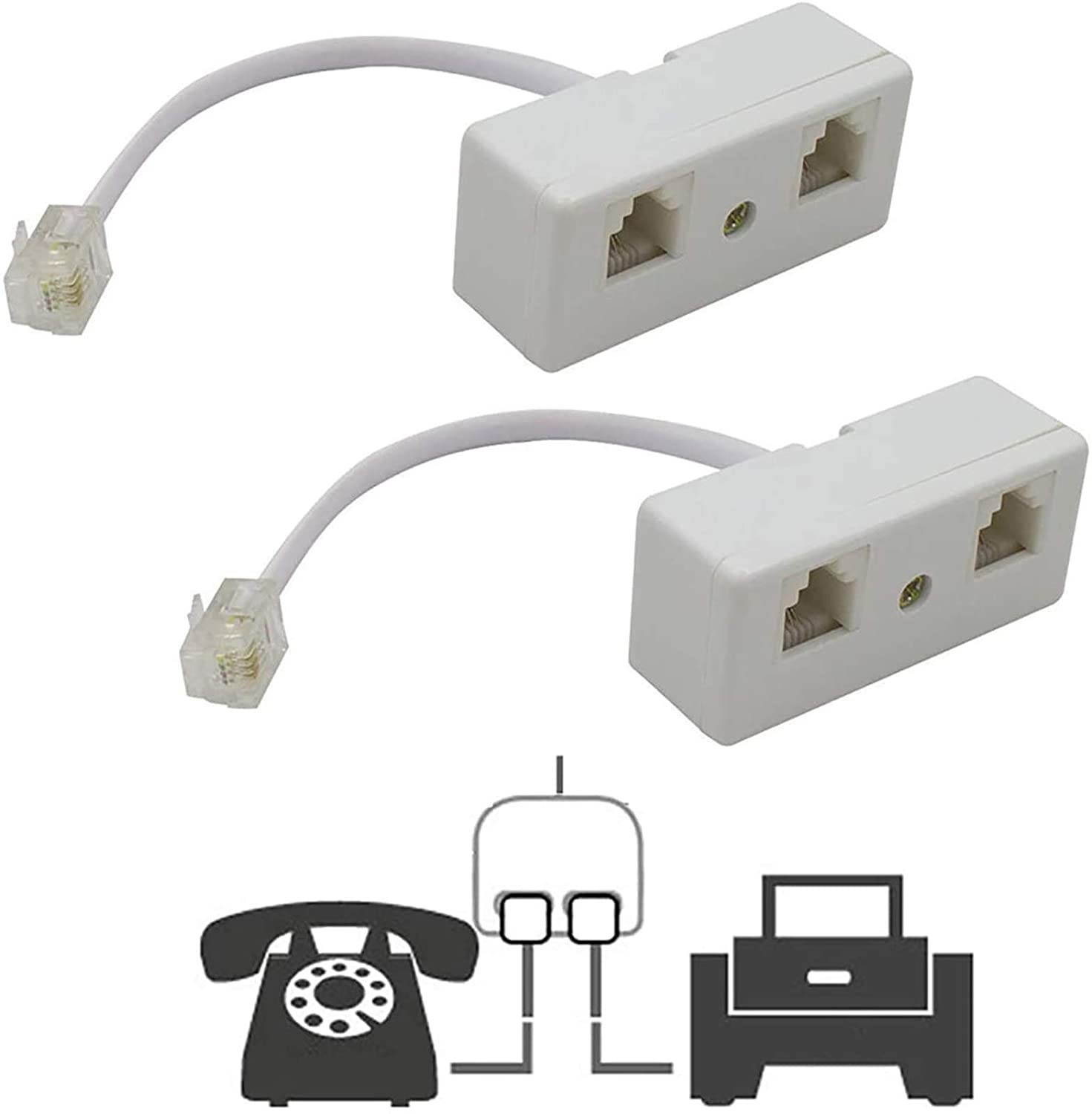 Two Way Telephone Splitters,  Male to 2 Female Converter Cable RJ11 6P4C Telephone Wall Adaptor and Separator for Landline (White, 2 Pack)