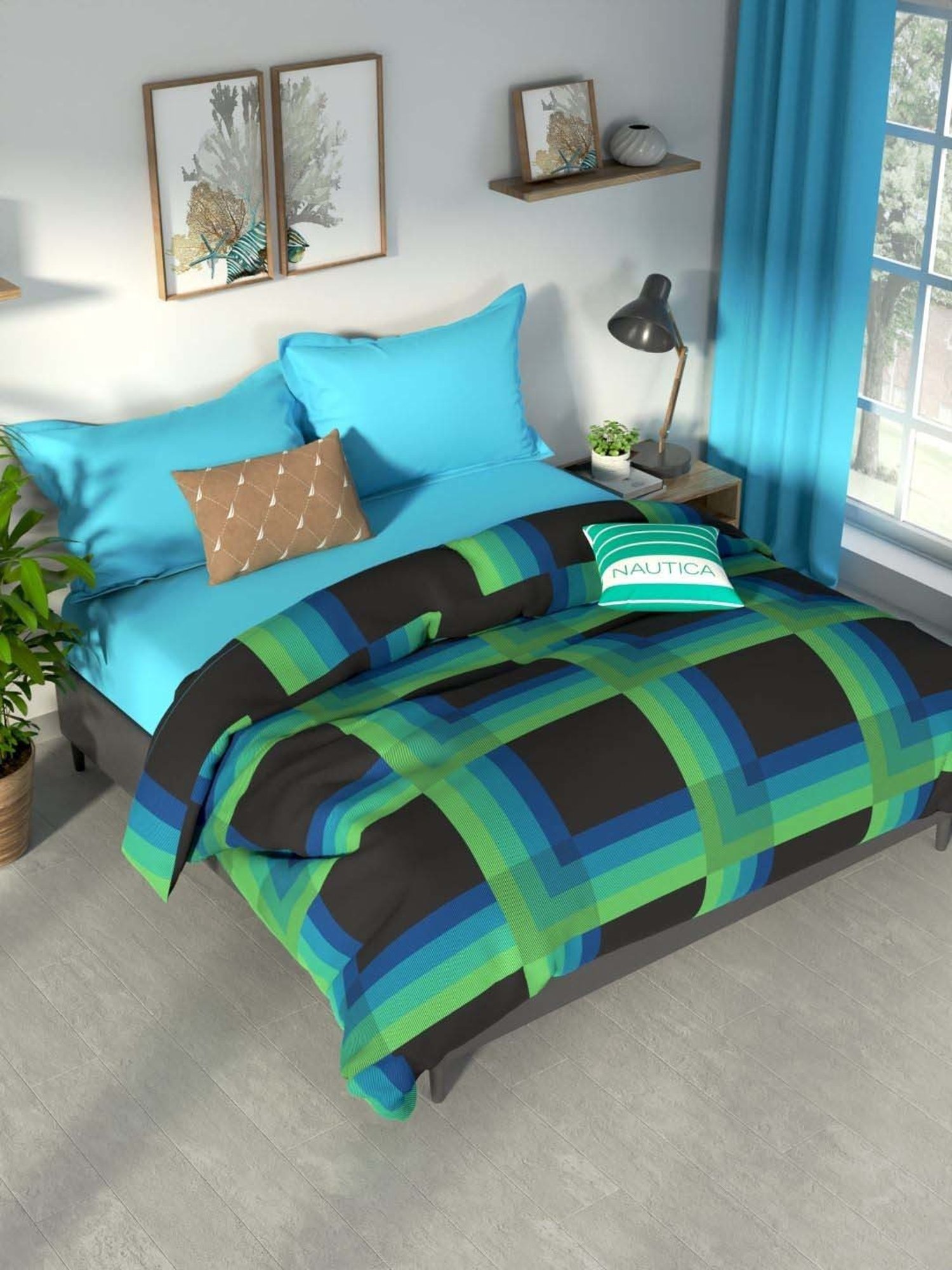 NAUTICA Pacific Coast Black & Blue Cotton 160 TC Double Comforter