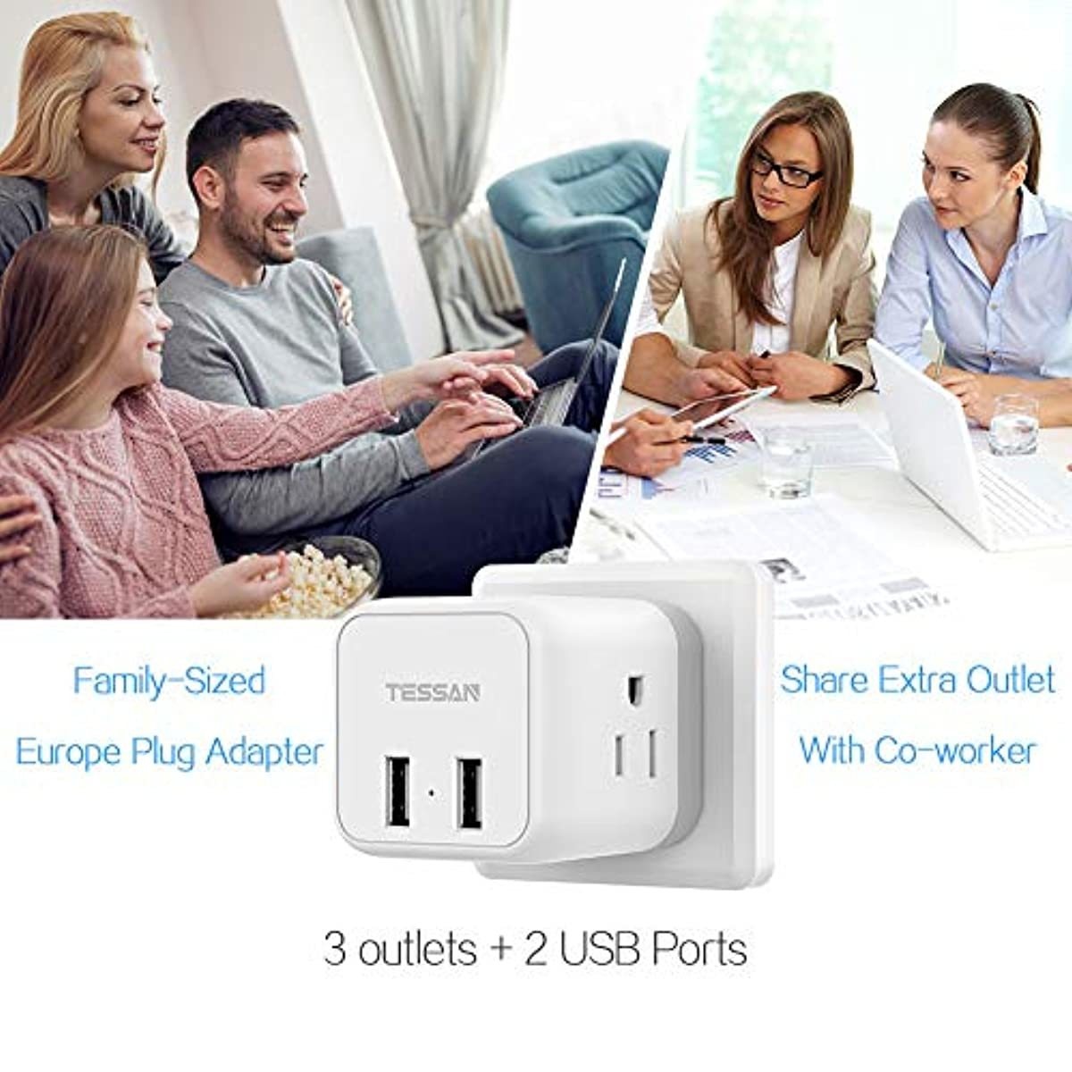 European Travel Plug Adapter, TESSAN Europe Power Adapter with 2 USB, Type C Travel European Adapter, US to Europe Plug Adapter for France Italy Germany Iceland (2 Pack)