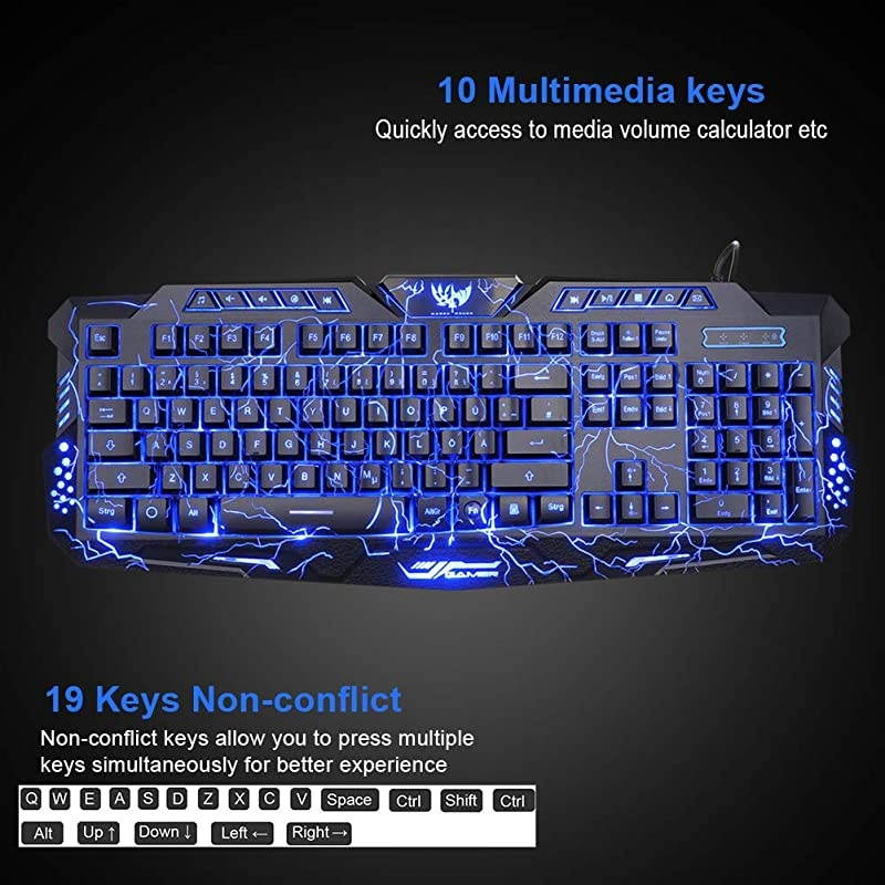 Gaming Keyboard and Mouse,USB Wired Backlit Gaming Mouse and Keyboard Combo,Letters Glow, 3 Color Crack Backlit,Illumination Keyboard and Mouse Set for Game and Work