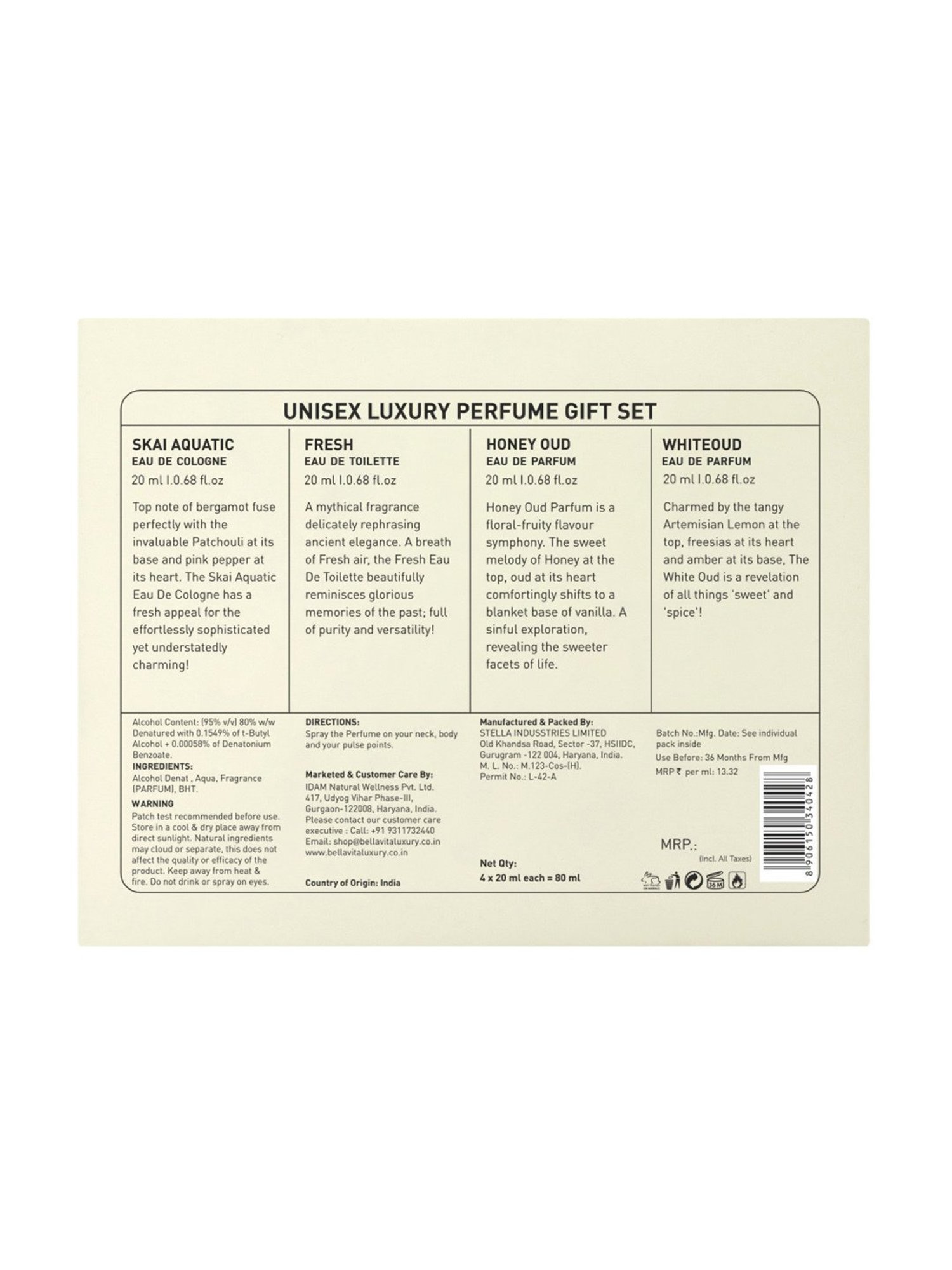 Bella Vita Organic Luxury Perfume Gift Set for Men & Women - Pack of 4