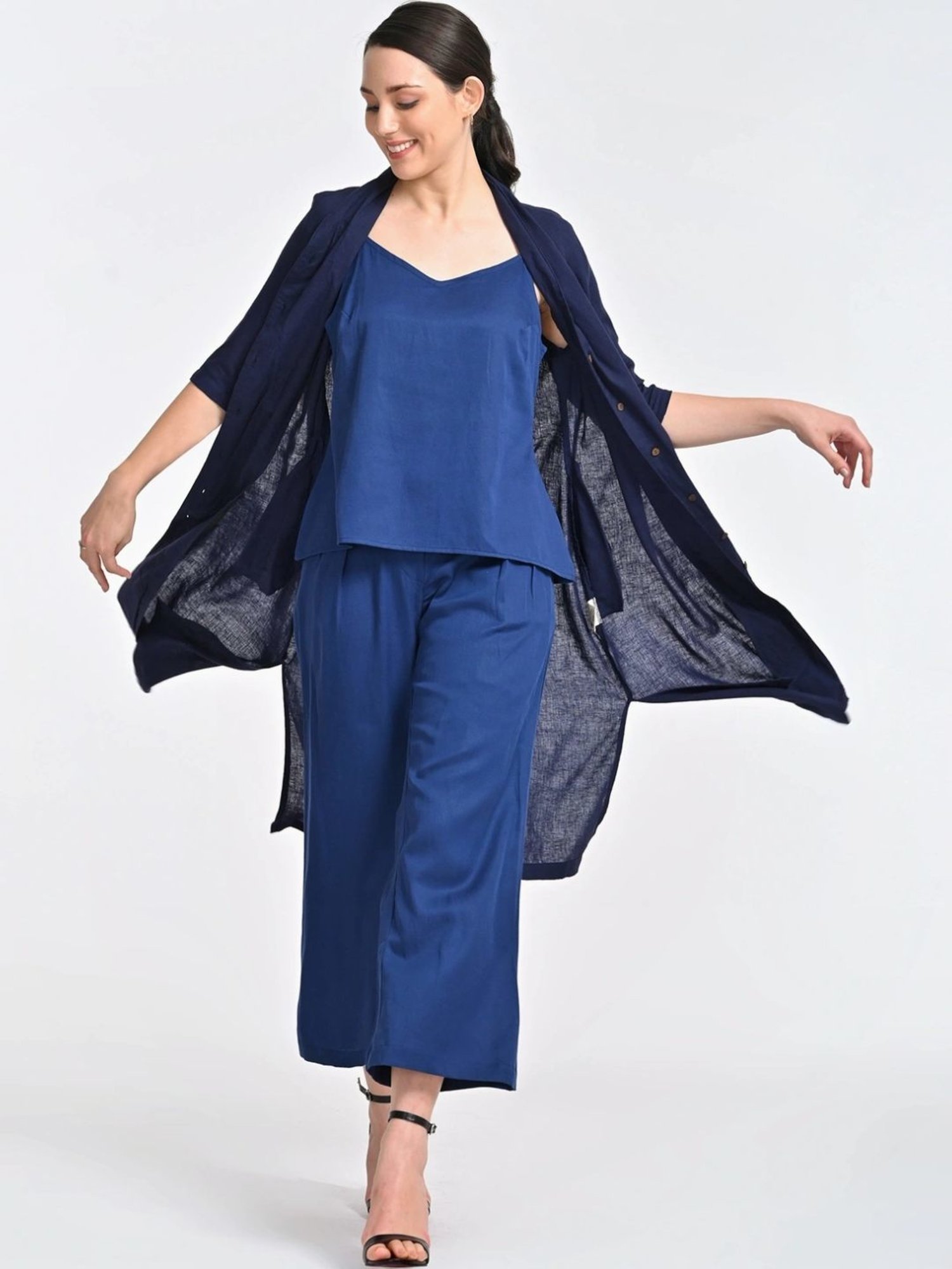Saltpetre Navy 3 Piece Overlay Long Shirt With Top And Trousers Co-ords Set