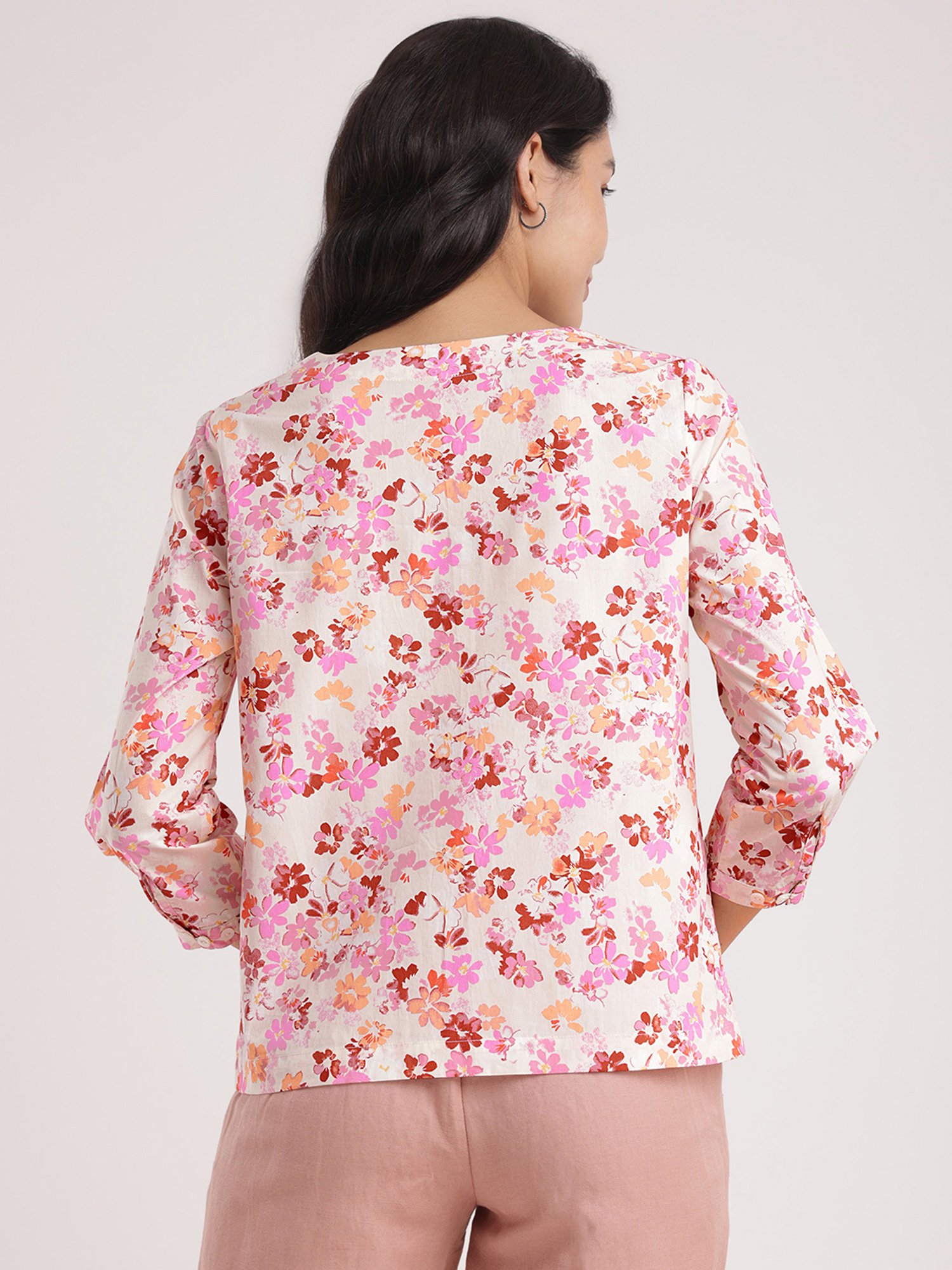 Fablestreet Off White & Pink Cotton Floral Print Top