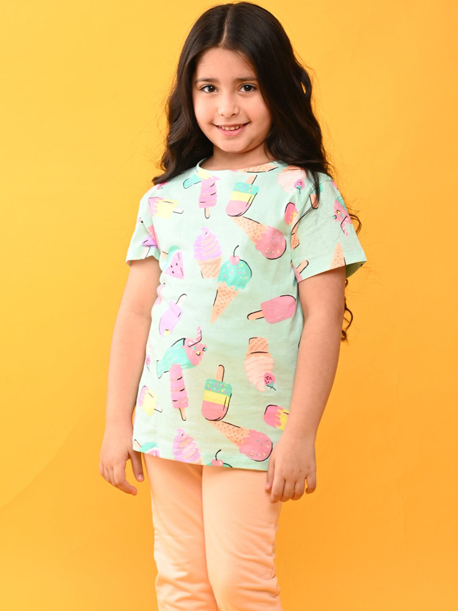 Anthrilo Girls Blue & Peach Cotton Printed T-Shirt Set