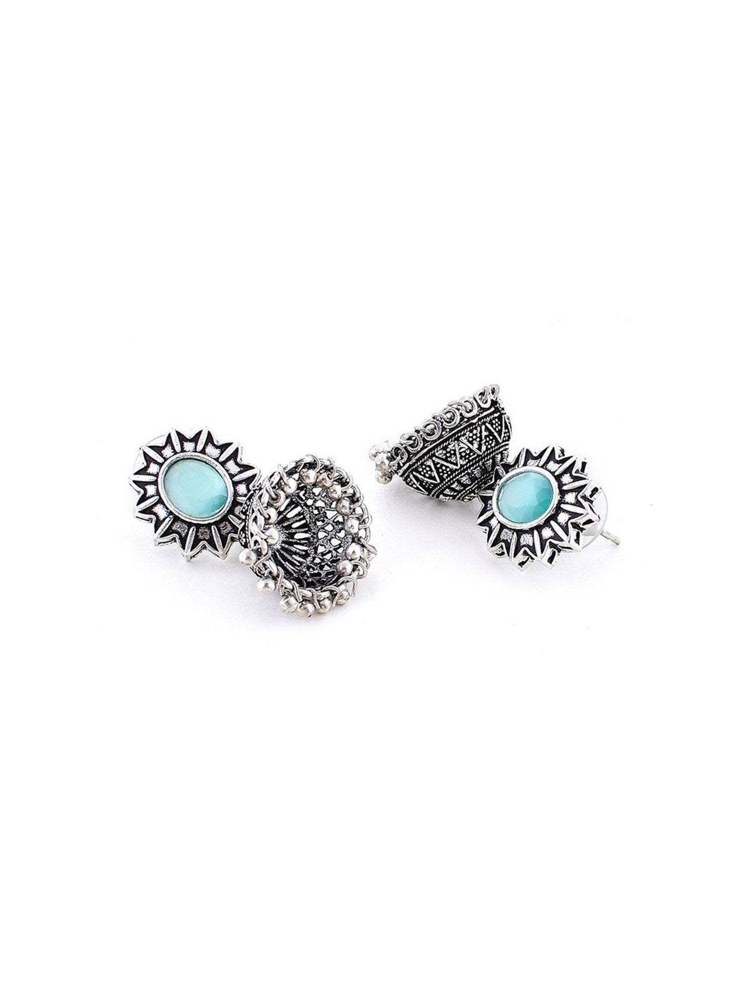 Imli Street Light Green Silver Tone Stone-Studded Handcrafted Jhumki Earrings