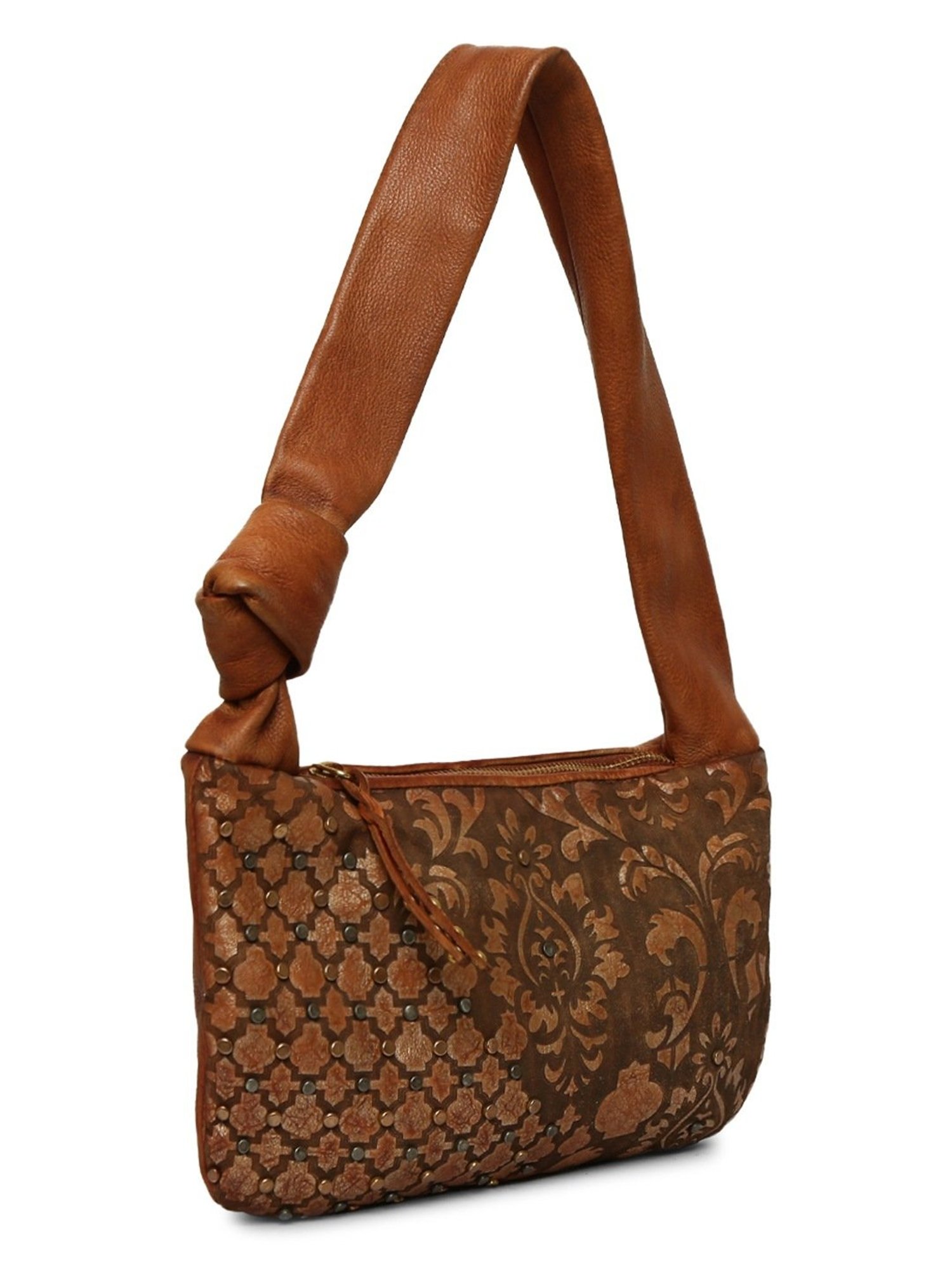 Art N Vintage Luminosa Cognac Leather Floral Medium Hobo Handbag