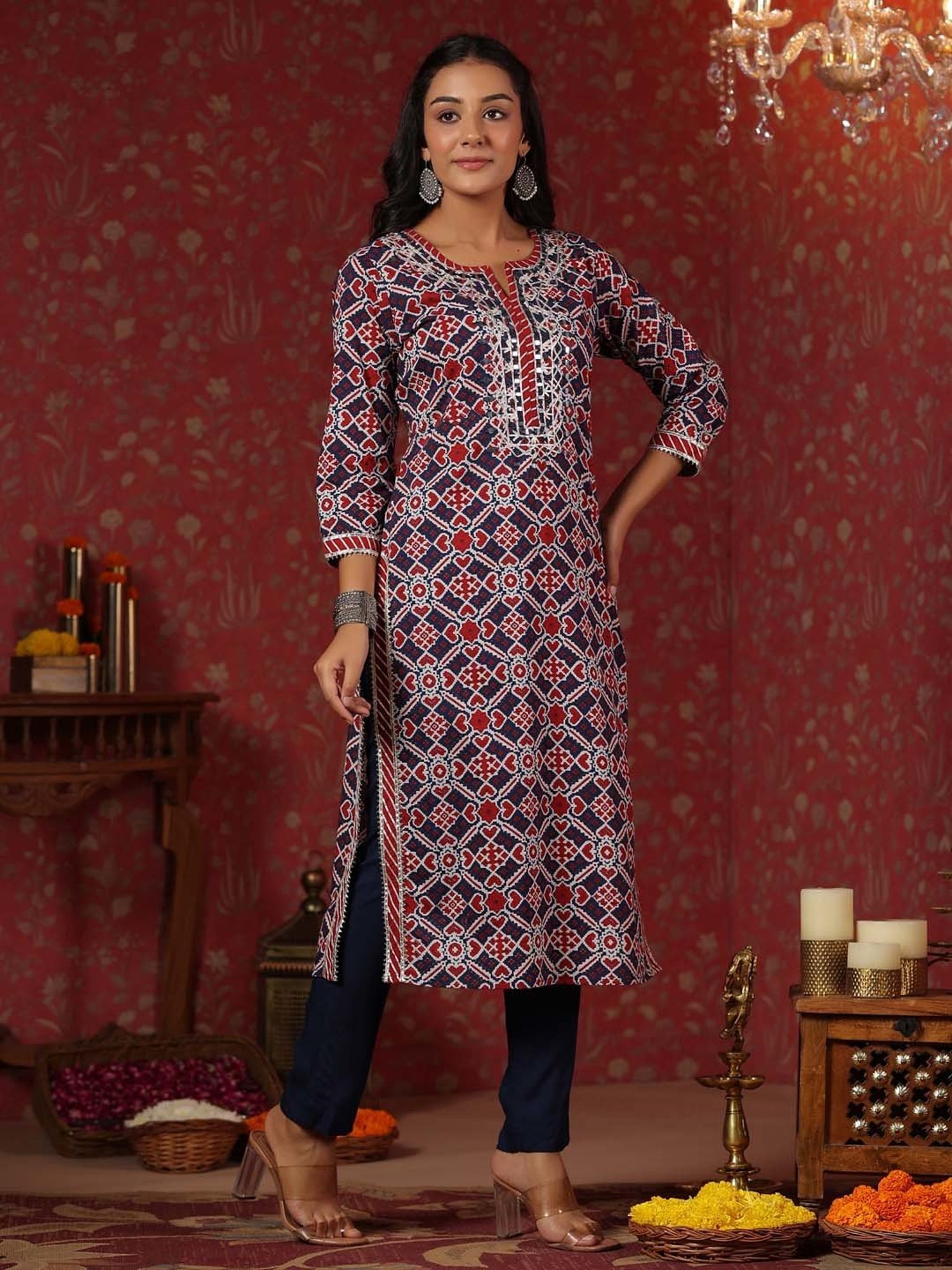 Ishin Dark Blue Cotton Printed Straight Kurta