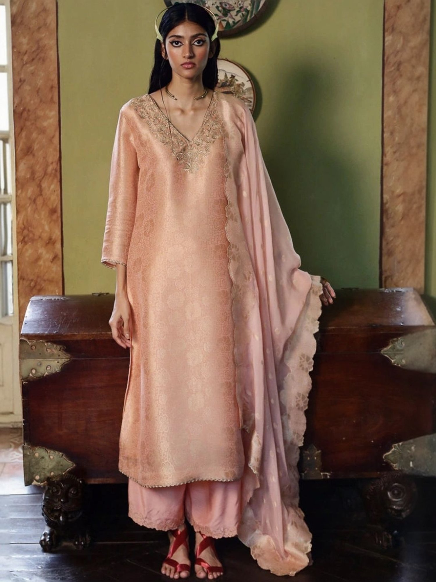 Ganga Fashions Apricot Blush Woven Kurta with Salwar and Dupatta