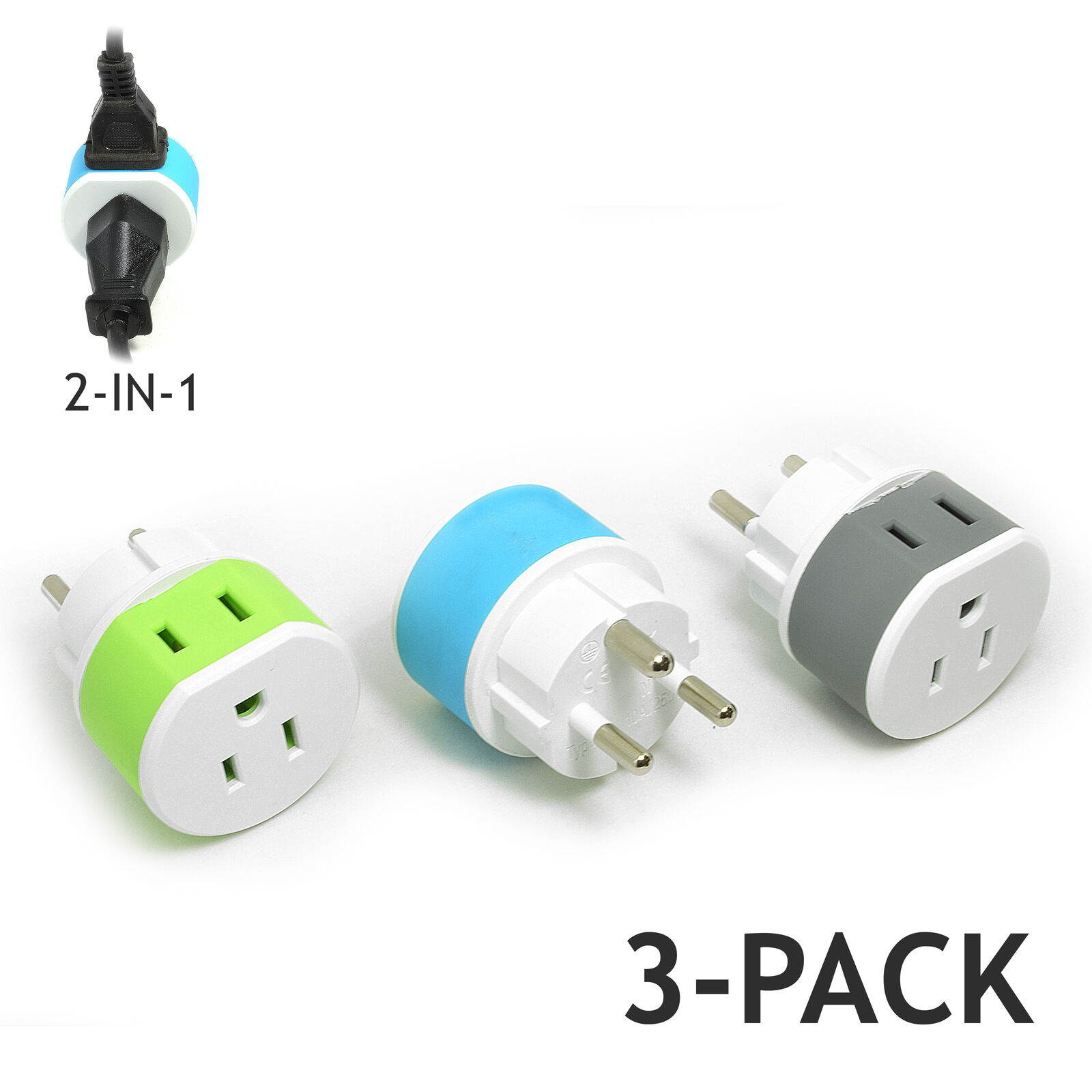 Denmark Power Plug Adapter by OREI with 2 USA Inputs - Travel 3 Pack - Type K (US-20) Safe Grounded Use with Cell Phones, Laptop, Camera Chargers, CPAP, and More