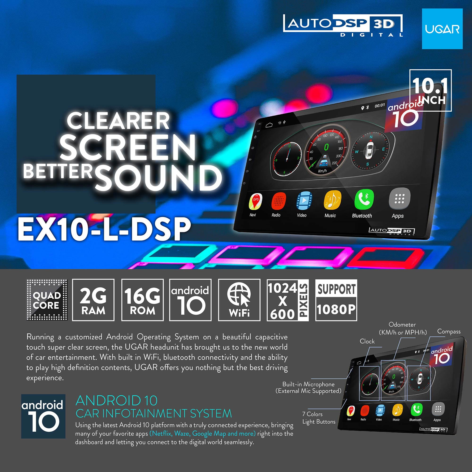 UGAR 10" EX10-L-DSP Universal Car Stereo with Front and Backup Camera 2GB 16GB Android 10.0 DSP Head Unit Double Din Touch Radio Auto Car Audio Indash GPS Navigation with Bluetooth WiFi Mirroring