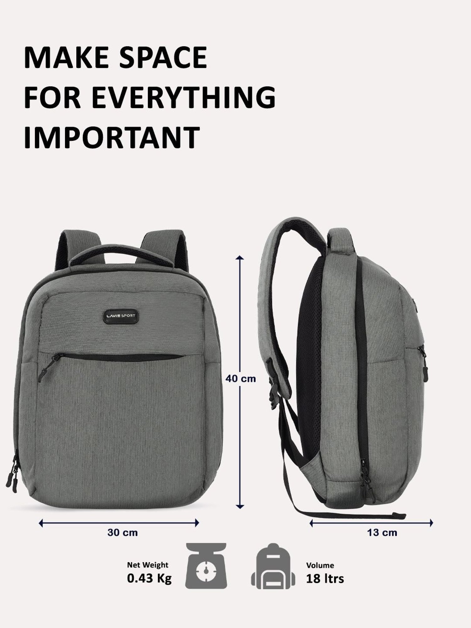 Lavie Sport Crest 18L Laptop Backpack For Men & Women | Laptop Bag For Boys & Girls (Grey)