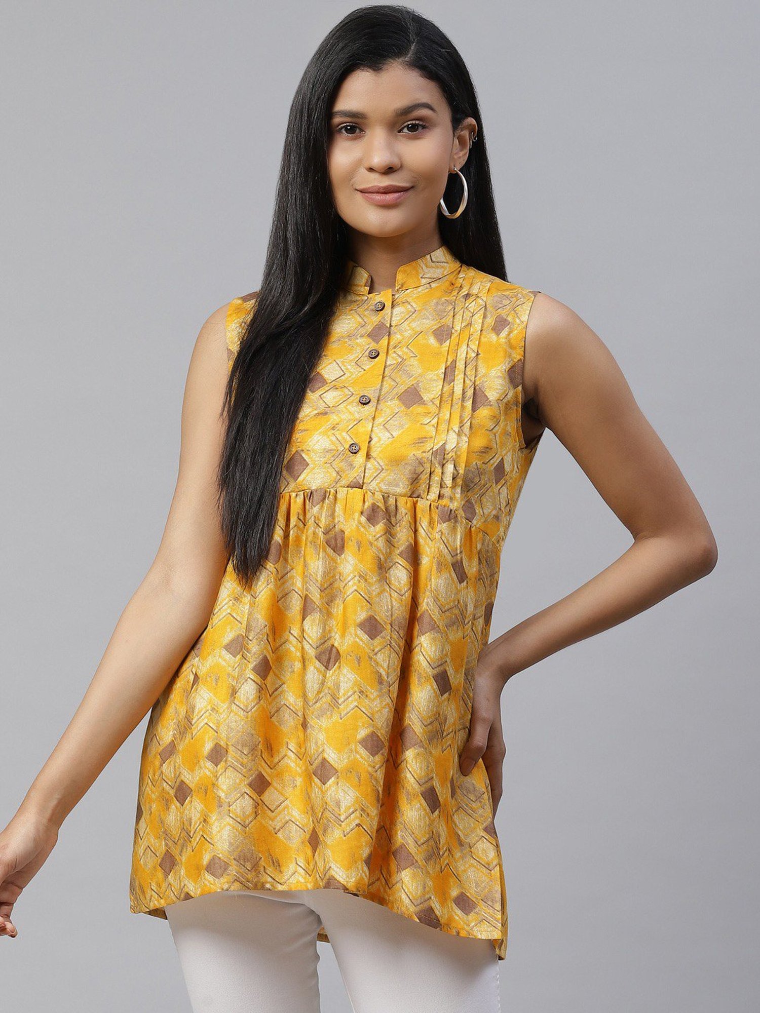 Cottinfab Yellow Printed A-Line Cotton Top