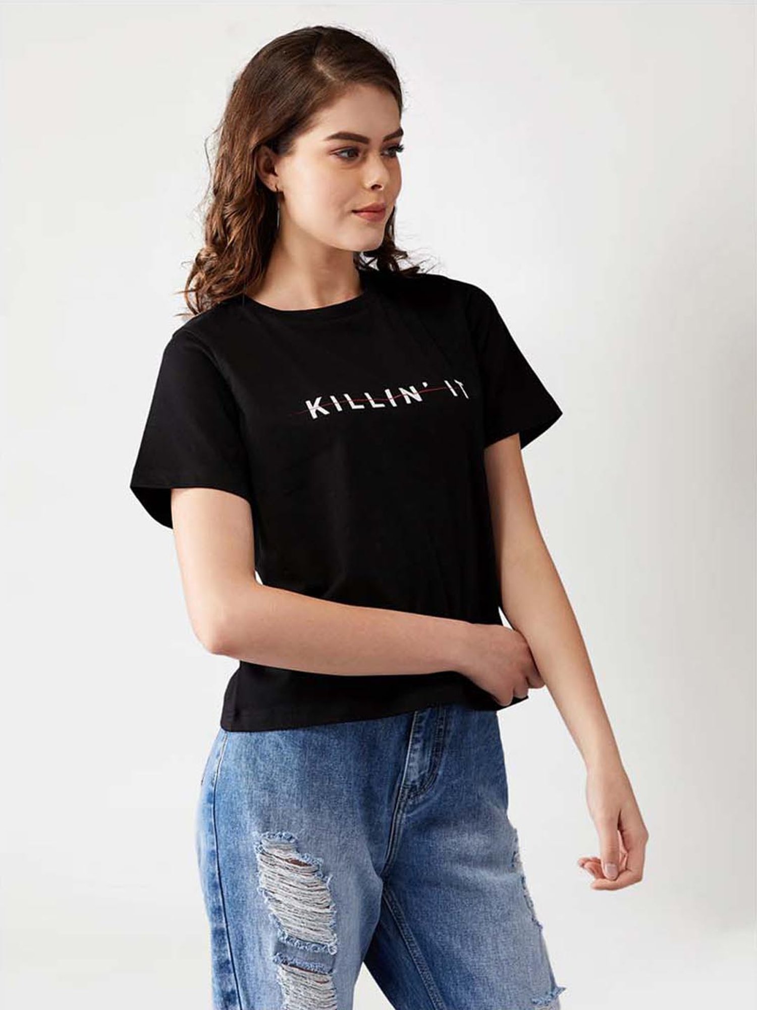 Miss Chase Black Cotton Printed T-Shirt