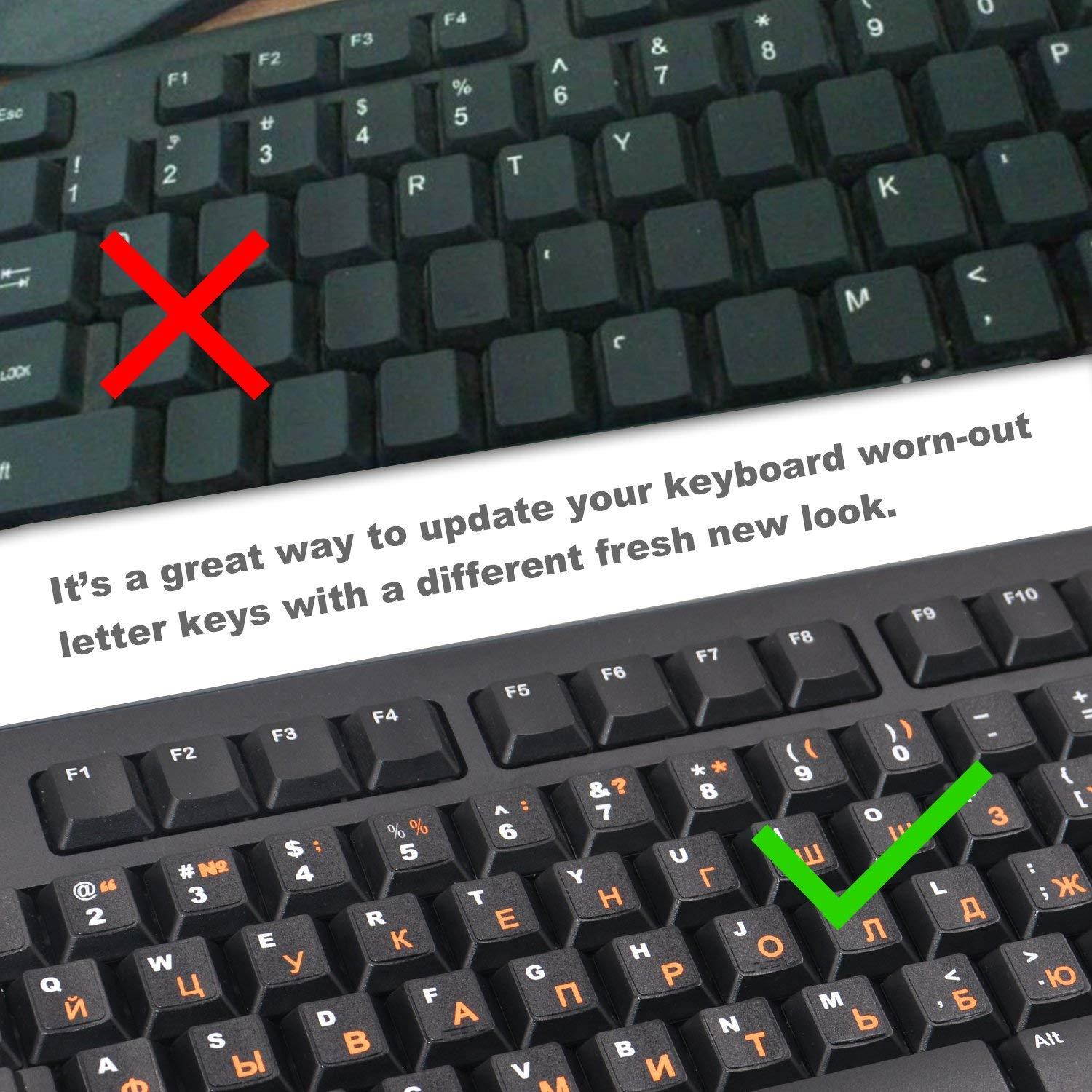 [2PCS PACK] FORITO Russian Keyboard Stickers, Keyboard Replacement Sticker Black Background with Orange Lettering for Computer Keyboard(Russian-Orange)
