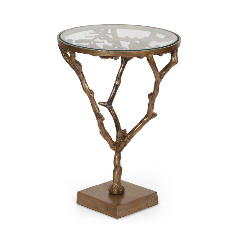 Broadwater Boho Glam Handcrafted Aluminum Floral Accent Table with Glass Top Raw Brass - Christopher Knight Home