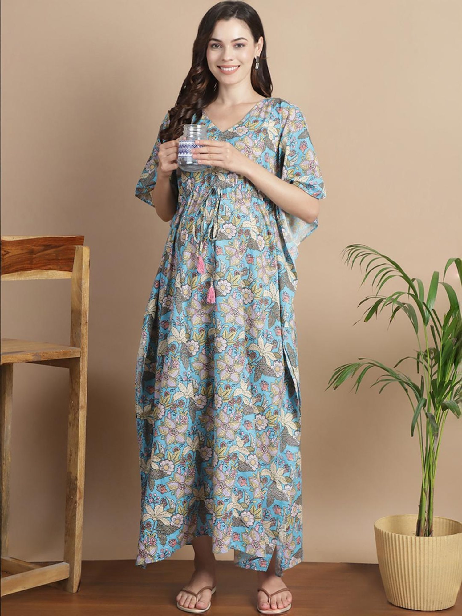 Secret Wish Sky Blue Cotton Floral Print Kaftan