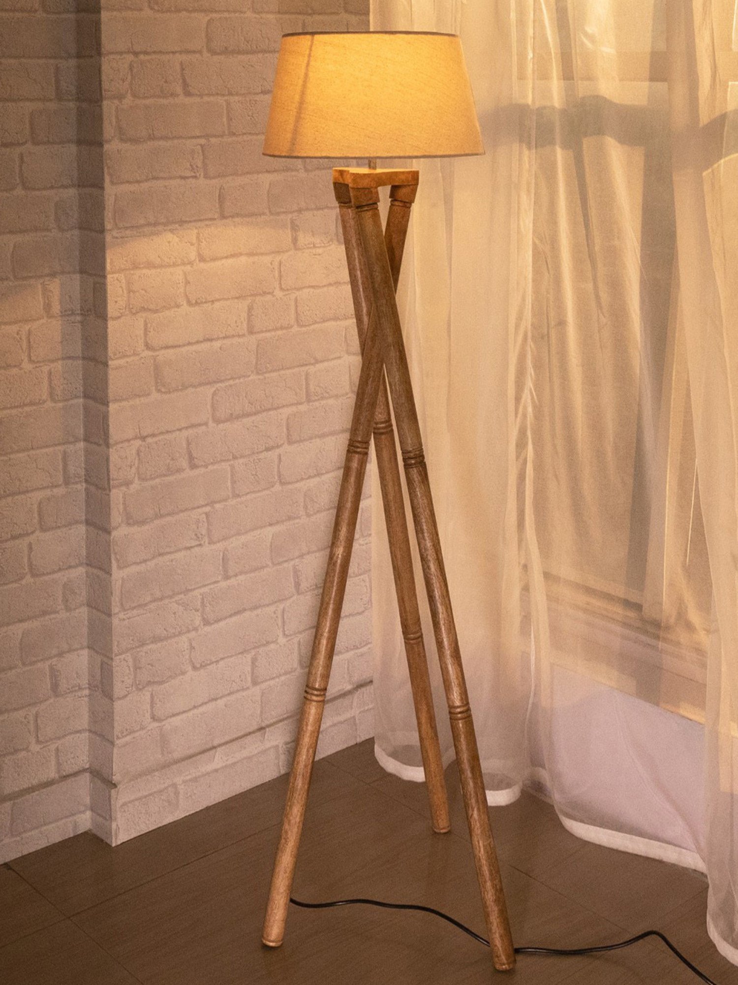 Homesake 'Tripod' Khadi & Brown Wood Cross-Leg Floor Lamp With Shade & Bulb - Set of 1