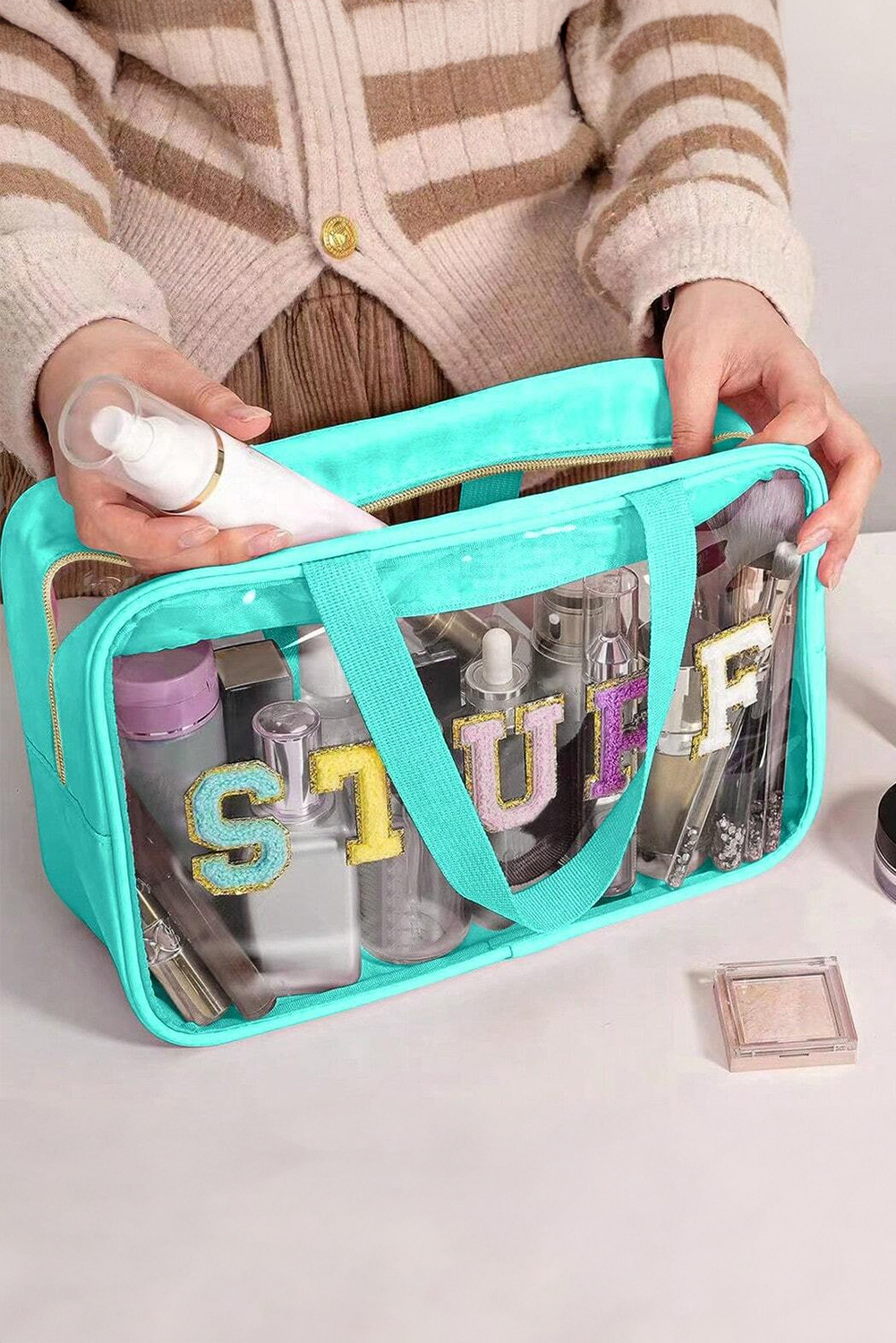 Light Blue STUFF Patch Clear Makeup Bag