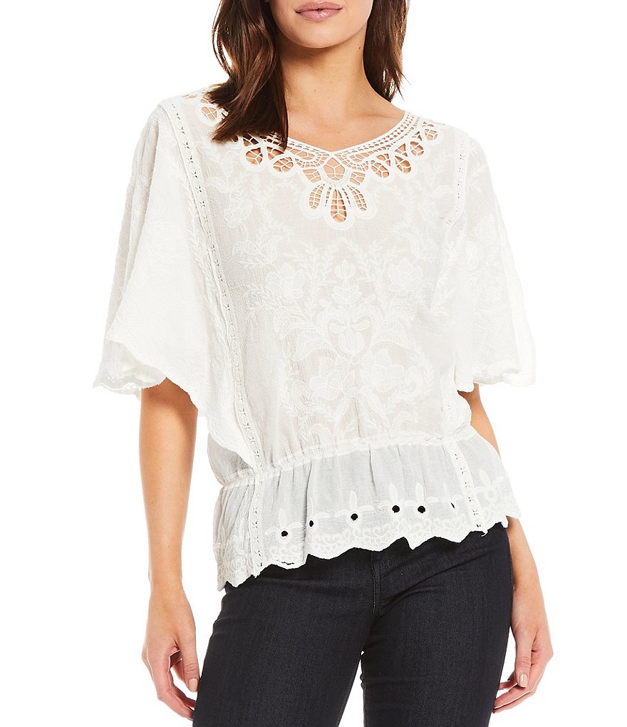 Democracy Embroidered Crochet-Trim Cotton Peplum Butterfly Sleeve Top