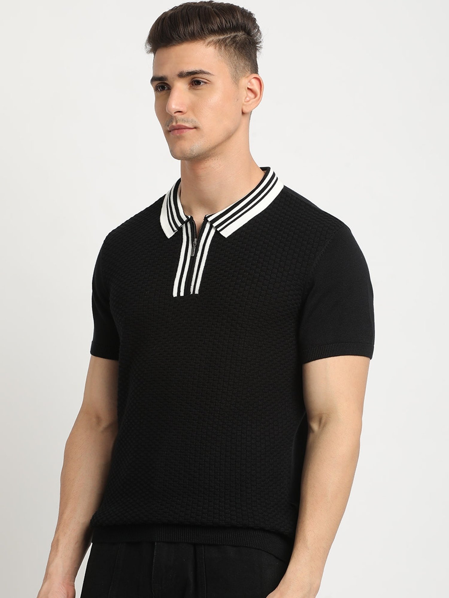 The Bear House Black Cotton Regular Fit Self Pattern Polo T-Shirt