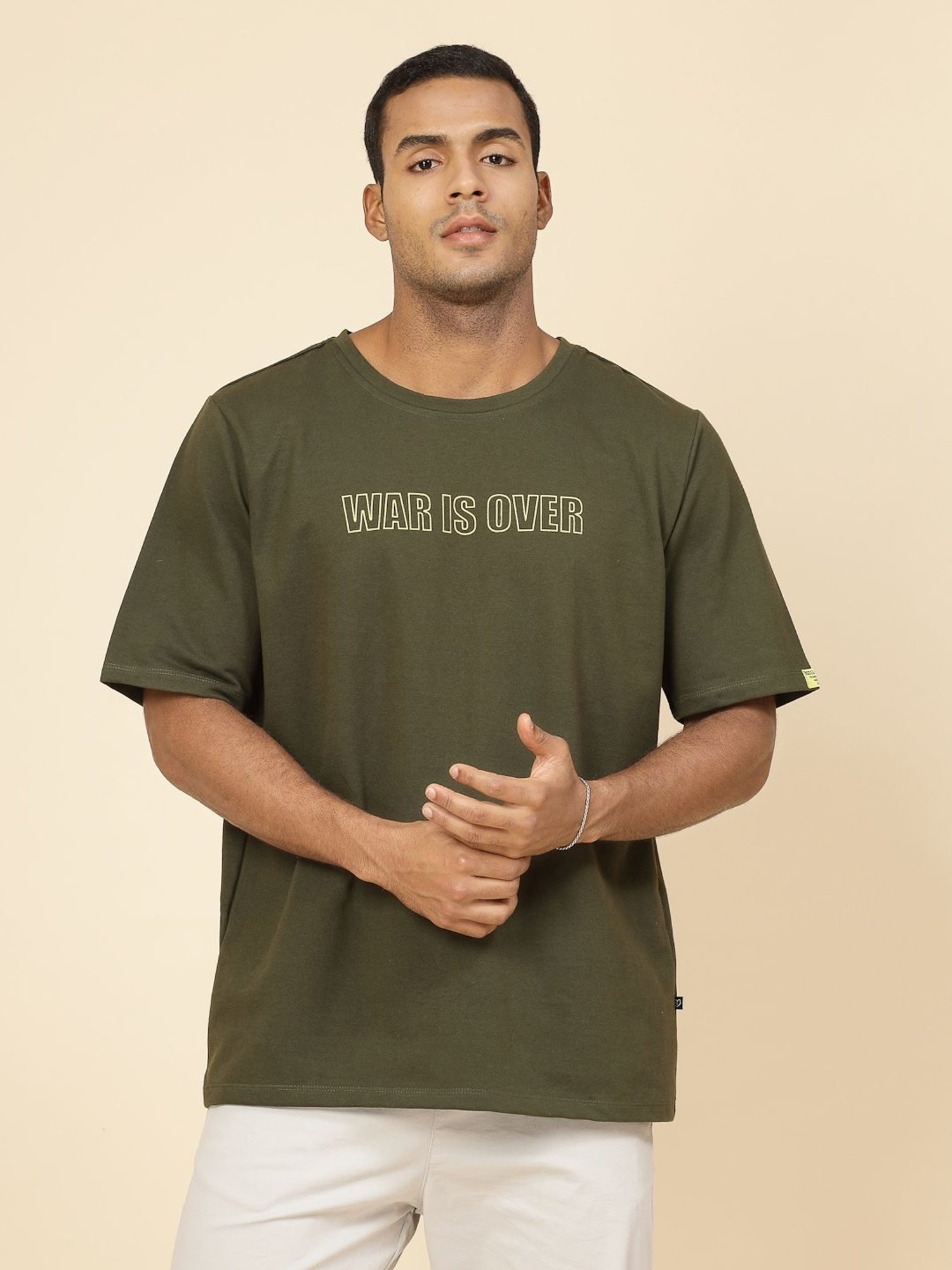 Rigo Army Green Cotton Loose Fit Typography T-Shirt