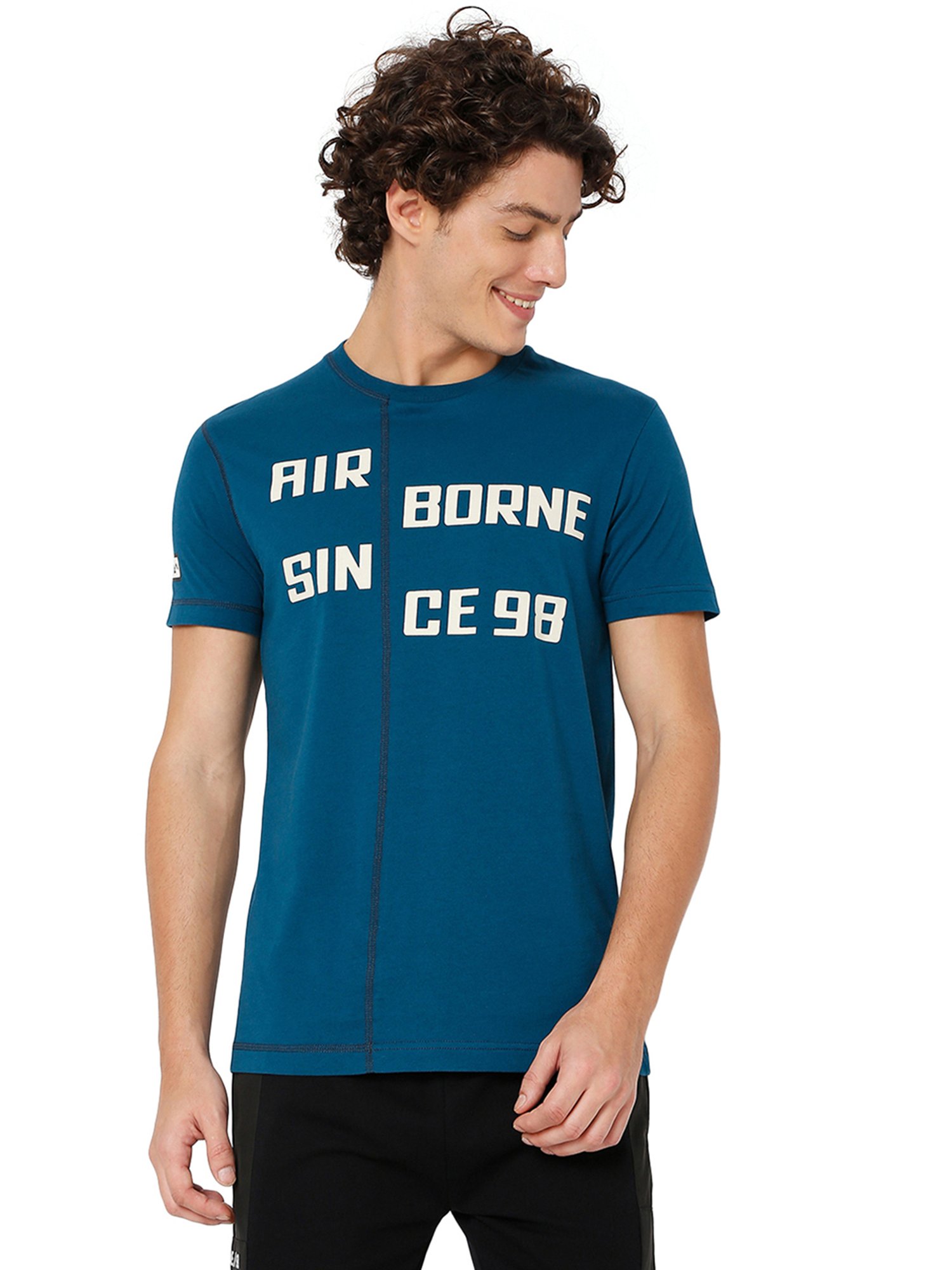 Mufti Teal Slim Fit Printed Crew T-Shirt