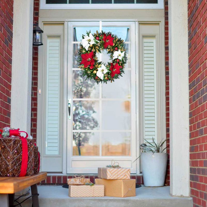 Easy Treezy 30-Inch Pre-Lit Pine Decorative Holiday Christmas Wreath with 100 Incandescent Warm White Lights, Red and Gold