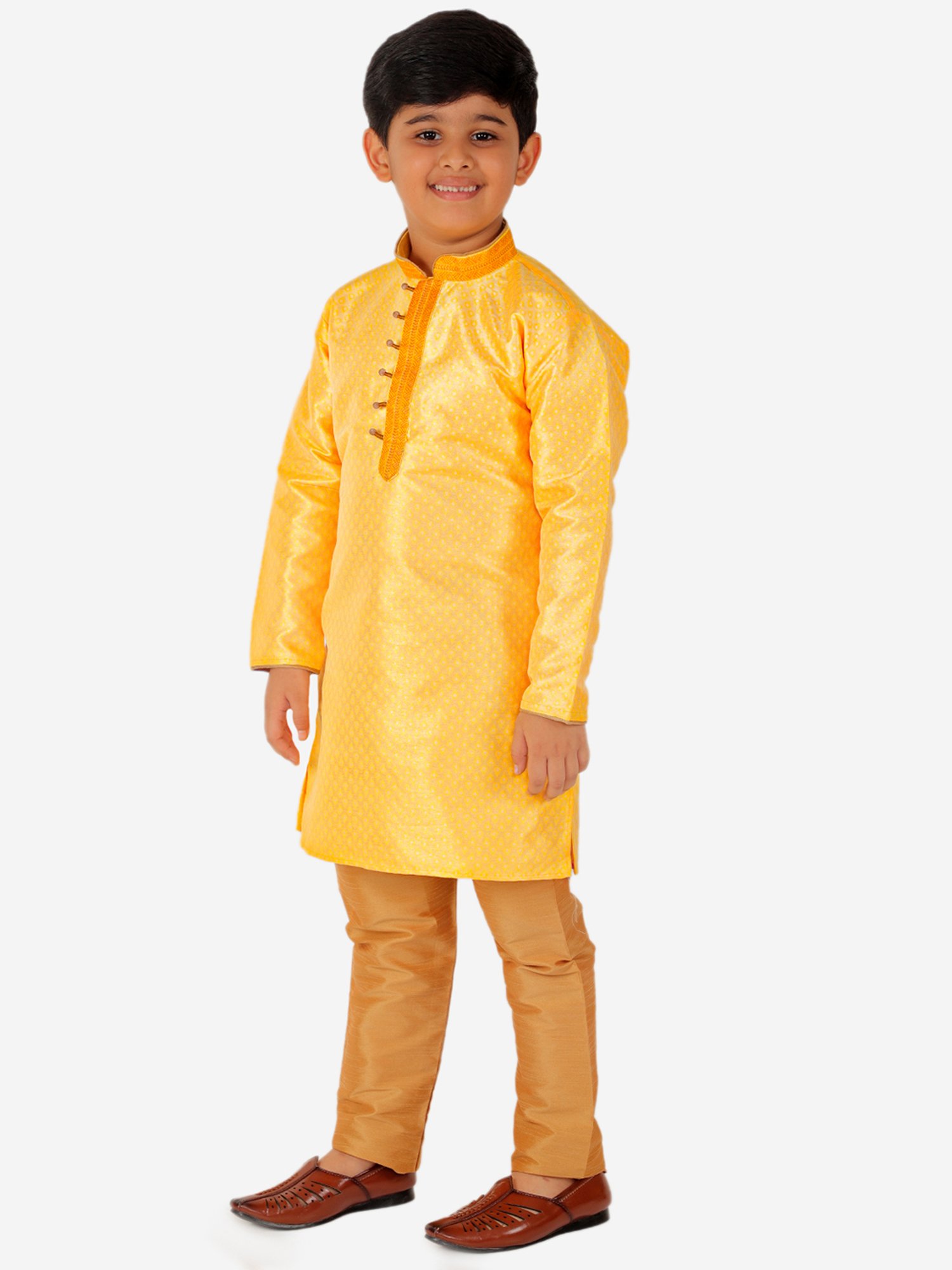 Pro-Ethic Style Developer Kids Yellow & Beige Printed Full Sleeves Kurta with Pyjamas