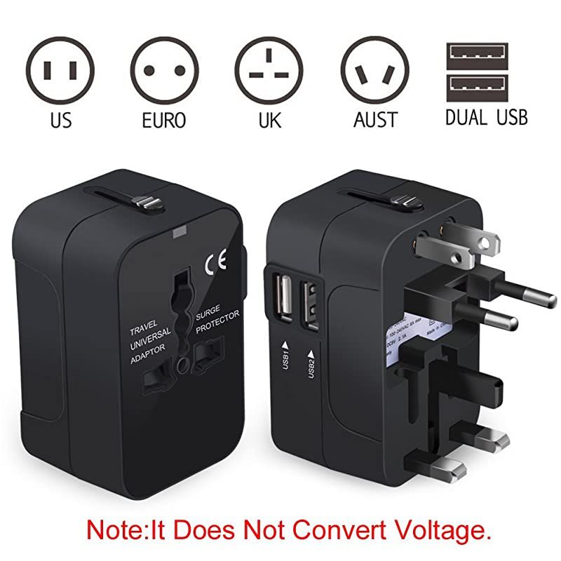 International Universal All in One Worldwide Travel Adapter Wall Charger AC Power Plug Adapter with Dual USB Charging Ports for USA EU UK AUS European Cell Phone Laptop