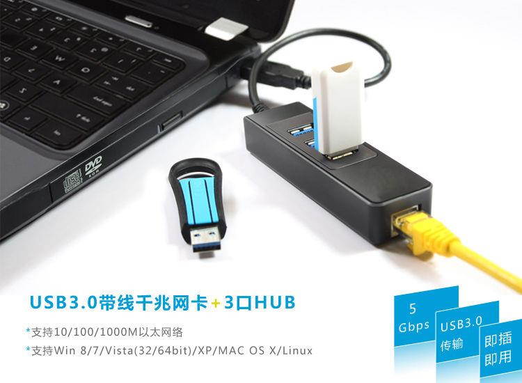 USB 3.0 HUB & USB to 10/100/1000Mbps RJ45 Gigabit Ethernet Lan Card Adapter
