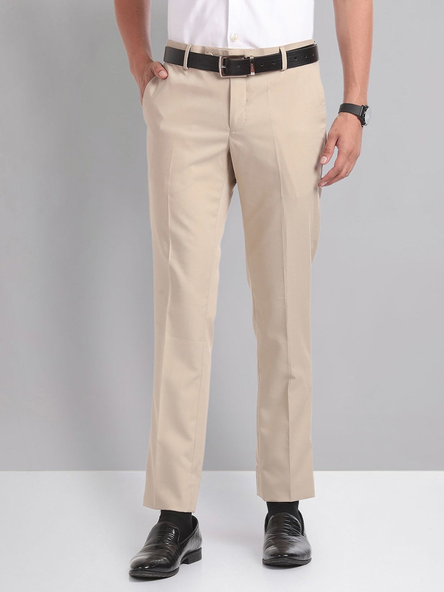 AD by Arvind Light Beige Slim Fit Textured Flat Front Trousers