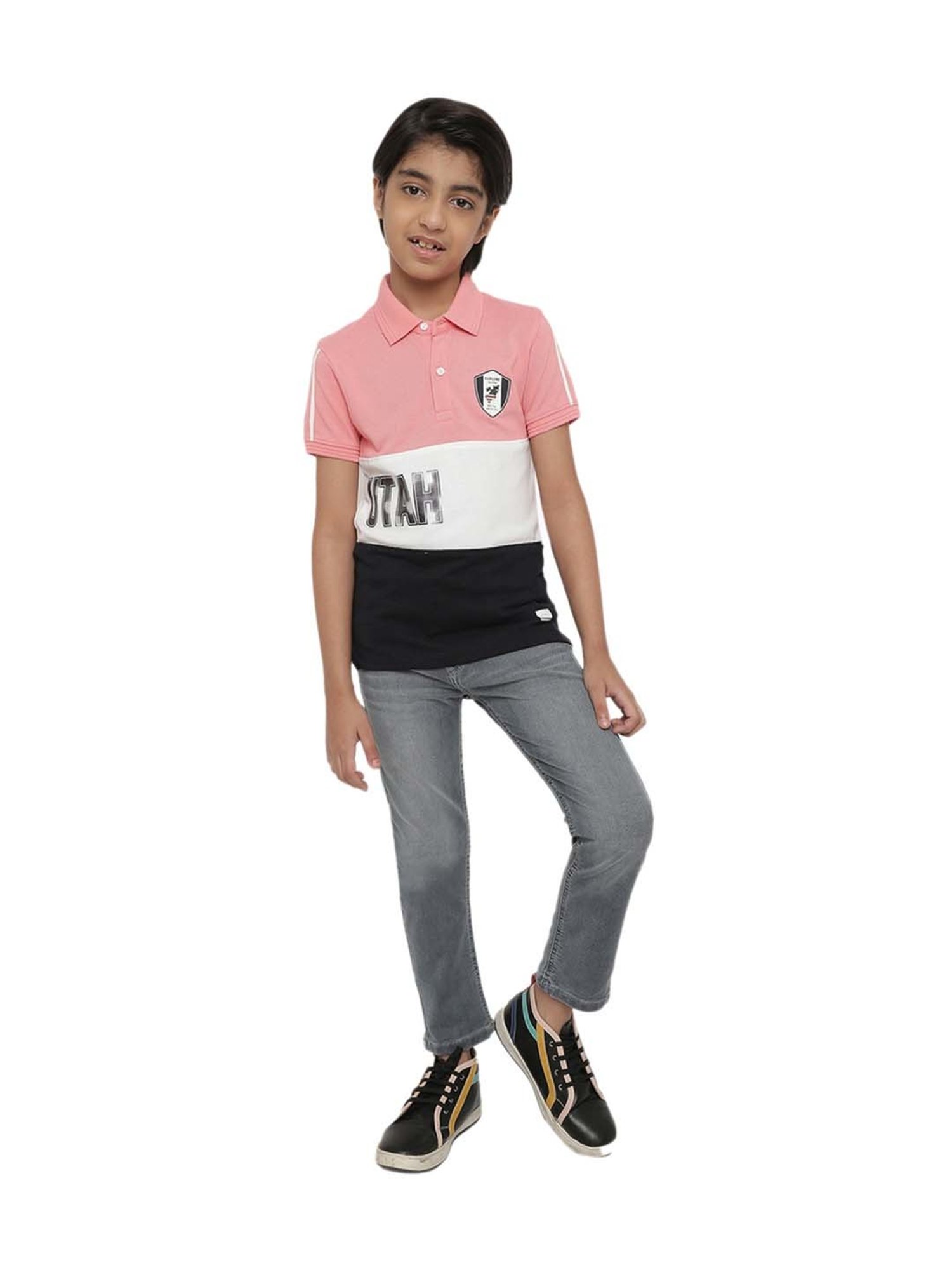 Octave Kids English Rose Pink & White Cotton Printed Polo T-Shirt